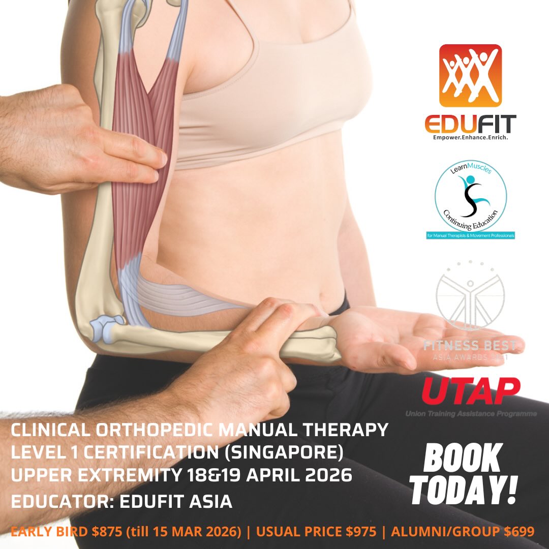 Hello Everyone!
Clinical Orthopedic Manual Therapy for Upper Extremity Level 1 Certification (Singapore) is open for registration!
Date: 18 & 19 APRIL 2026 (Early bird ends on 15 Mar)
Educator: Edufit Asia
Clinical Orthopedic Manual Therapy (COMT) is not a new technique that offers cookbook solutions.
The goal of COMT Certification is to empower the therapist/trainer/instructor to think critically and then creatively apply their assessment and treatment techniques.
The course marries together the fundamental techniques that underlie manual and movement therapies, with the known principles of kinesiology, in other words, neuro-myo-fascio-skeletal anatomy and physiology.
• Palpation and orthopedic assessment,
• body mechanics,
• soft tissue manipulation (massage),
• myofascial stretching (basic and advanced techniques),
• arthrofascial stretching (AFS: Grade IV joint mobilization for manual therapists),
• hydrotherapy,
• treatment strategy
…are all woven into each of the five hands-on workshops.
Completion of any and all of the five Level 1 hands-on workshops as part of the full COMT Certification will refine how you apply your techniques in clinical orthopedic manual and movement rehabilitative care, thus distinguishing you in your practice!
To further enhance your competencies, we are conducting Level 2 workshops in 2026 in Singapore!
Promos are ON NOW! Hurry and book your slot! UTAP funding approved and pay by 2 instalments! Click on link in bio for more info and to book today!
#manualtherapy #sportstherapy #FitnessSG #singapore #sgfitness