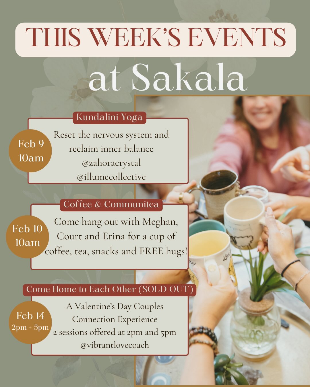 This week at Sakala, we return to love - not just the romantic kind, but the kind that begins within and ripples outward into community. ❤️
Valentine’s week is a beautiful invitation to soften…
to tend to your nervous system,
to open your heart,
to receive support,
and to remember that you were never meant to do life alone.
From spaces of deep healing, to meaningful connection over coffee- each offering this week is an opportunity to pour back into yourself while being held in community.
Let this be the week you choose presence.
Let this be the week you choose connection.
Let this be the week you allow yourself to receive love in its many forms.
Click the events link in bio to join us this week- we can’t wait to have you.
& be sure to check the last slide for @quantumwavetherapeutics & @handsofoshunlmt to receive some 1:1 healing love ❤️
#denverevents #denvereventspace #denvercommunity #denverhealing #sakalacommunity