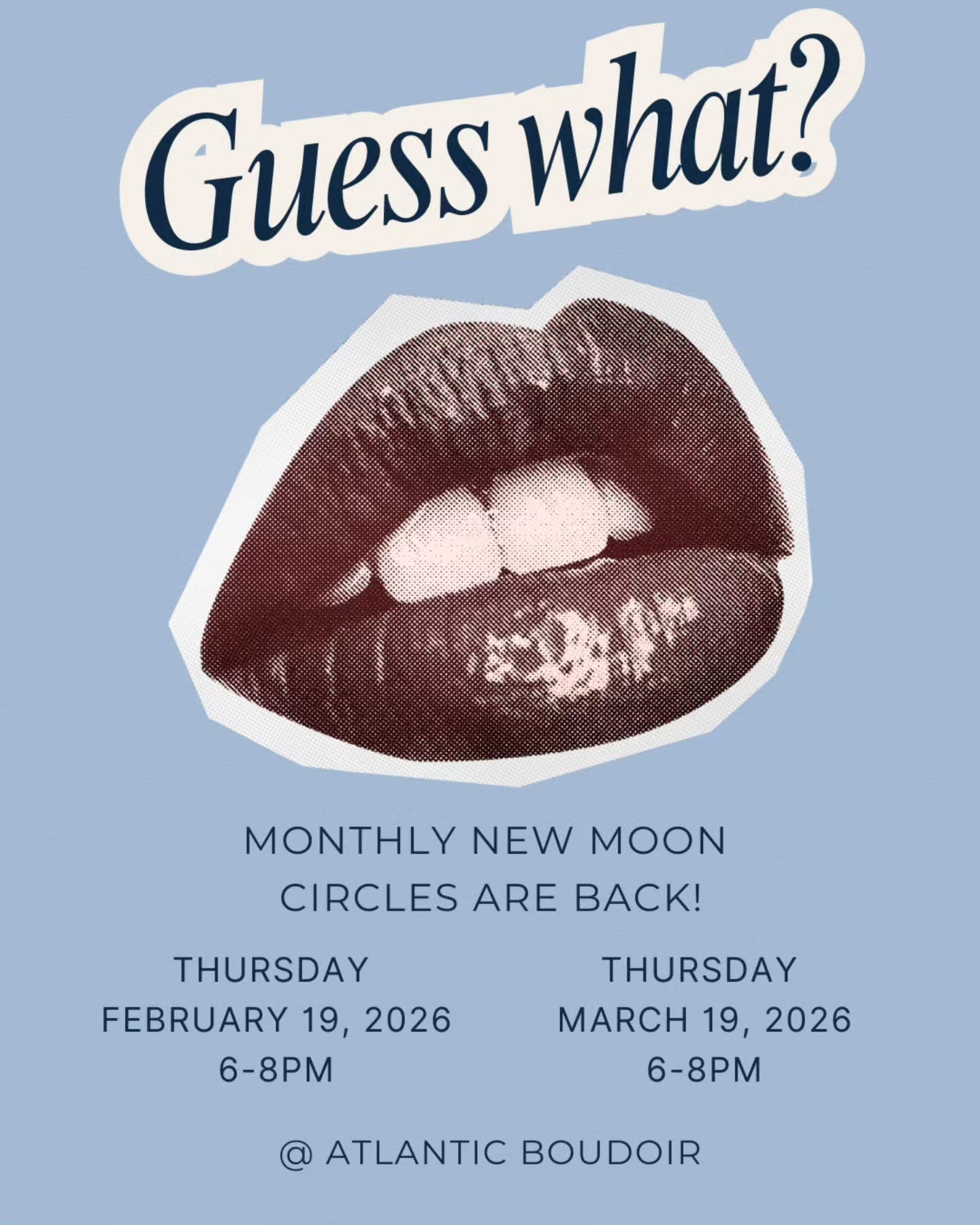 Craving community?
Needing a pause that actually feels nourishing?
Want a space to breathe, reflect, and be held—without pressure?
🌜 Monthly Moon Circles are back 🌛
Join us for cacao, guided breath, reflection, and connection in a cozy, supportive space. Each circle is aligned with the new moon and designed to help you slow down, reset, and gently reconnect with yourself.
🌑 Thursday, February 19 + March 19
📍 Atlantic Boudoir, Wilmington, NC
🎟️ Tickets via Eventbrite
Come as you are. Share if you want. Rest if you need.