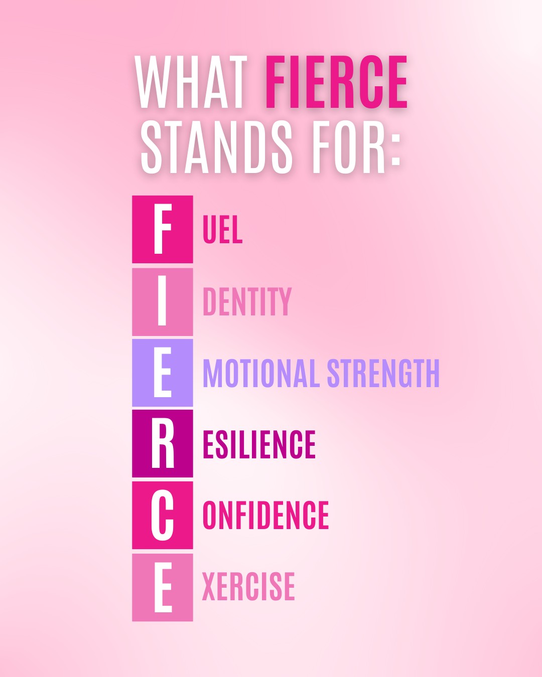 "FIERCE" is a powerful word.
To us, it stands for Fuel, Identity, Emotional strength, Resilience, Confidence, and Exercise.
At Fit & Fierce, we empower each pillar. Being FIERCE isn’t just about how you move your body, it’s about how you fuel it, believe in it, and show up for yourself every single day.💗 🎀