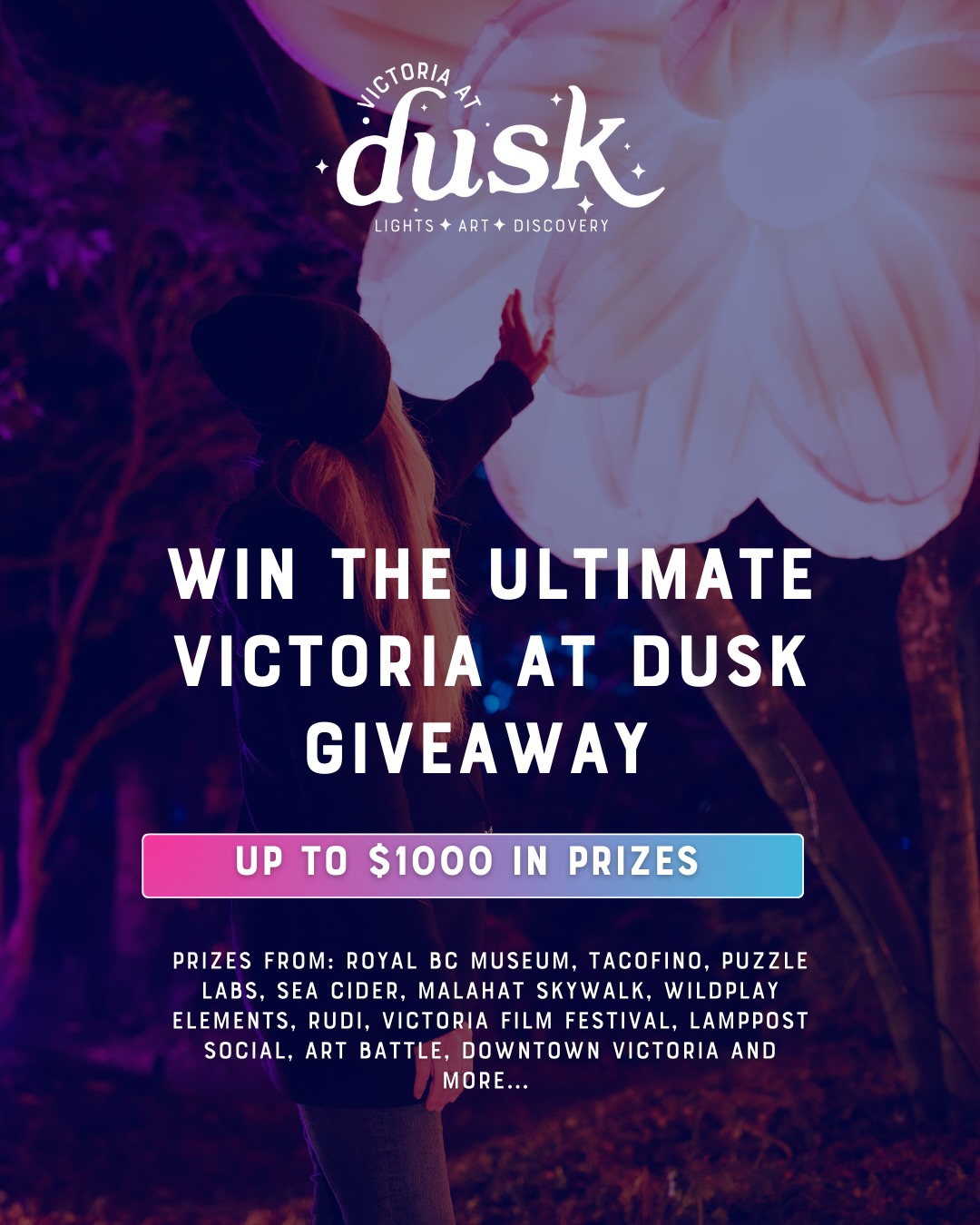 We’re celebrating local adventures, food, drinks & culture with a GRAND $1000 Victoria at Dusk prize pack for one lucky winner and their crew✨
And.. we’ll also be choosing an ADDITIONAL 20 winners for some other vouchers to be won!!
🎁What you’ll win (GRAND PRIZE):
✨x2 @malahatskywalk Adult General Passes
✨x2 @royalbcmuseum Adult Admission Passes
✨x2 $50 Gift Cards from @downtownvictoriabc
✨x2 @wildplayvictoria Classic or Kids Adventure Course passes
✨$150 gift card from @tacofinolovesyou
✨$100 gift card from @rudirestaurant.vic
✨Wooden puzzle from @the.puzzlelab with AR-activated artwork by @tarcilaneves
✨ x2 Screening tickets for The Vic Theatre from @victoriafilmfest
✨ x2 Tickets to @artbattlevictoria
✨ x2 Beer Vouchers from @lamppostvictoria
✨x1 Tasting Card from @seaciderhouse for a complimentary short flight + 750ml bottle of Sparkling Cider
✨BONUS GIFT: X2 Punch Cards with 5 water taxi trips each from @vicharbourferry
ADDITIONAL 20 WINNERS to win:
🎟️x4 Beer Vouchers from @lamppostvictoria
🎟️x6 Food Truck Vouchers from @experiencedusk
🎟️x10 REC passes from @cityofvictoria
How to enter:
1️⃣ Follow @experiencedusk
2️⃣ Like + save this post
3️⃣ Tag who you’d want to win this experience with (each tag = 1 entry)
Bonus entries:
+1 bonus entry for following each giveaway partner
+1 bonus entry for sharing to Stories and tagging @experiencedusk
1 Grand Prize Winner and 20 additional winners announced: Feb 9 at 12pm.
📍 MUST be able to pick up prizes during Victoria at Dusk (Feb 13–15 between 5-9pm)
Because the best way to enjoy Victoria at Dusk is with others!! WHO WOULD YOU SHARE THIS EXPERIENCE WITH?✨Tag your crew below 👇
#victoriatdusk #victoriabccanada #downtownvictoria #victoriabcevents #victoriabclife
