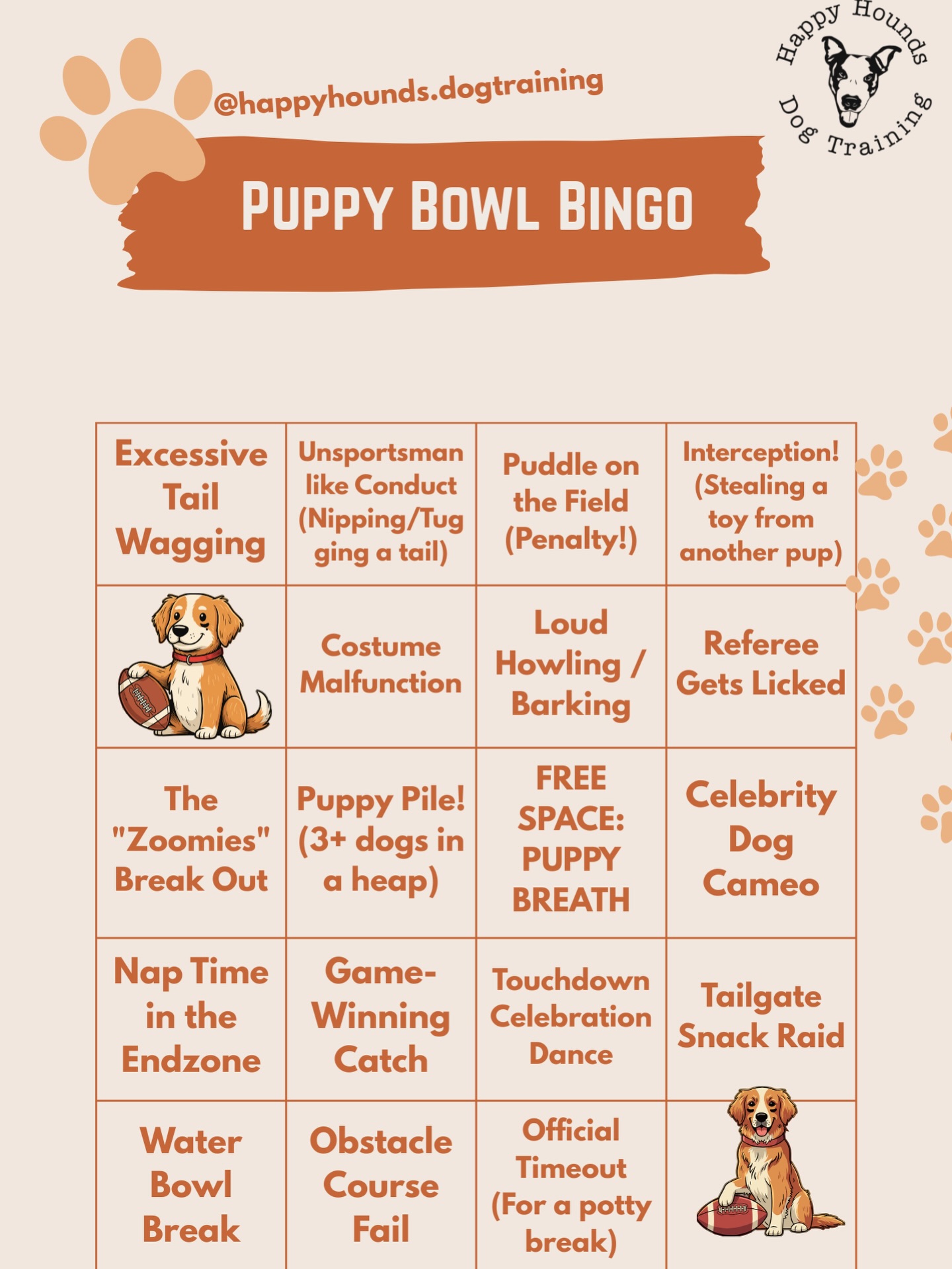 🏈 IT’S PUPPY BOWL SUNDAY! 🏈🐶
Who else is more excited for Team Fluff vs. Team Ruff than the actual Super Bowl? To celebrate, we made a Happy Hounds Puppy Bowl Bingo card for you to play along at home!
How to play:
1️⃣ Save this post or screenshot the clean version in our Stories!
2️⃣ Watch the Puppy Bowl today (Kickoff is at 2 PM ET!)
3️⃣CIRCLE the squares as you see them during the Puppy Bowl
4️⃣TAG @happyhounds.dogtraining in your Stories so we can see who’s winning!
🏆 THE PRIZES:
🥇 First BINGO: A featured ‘Scouting Report’ on our Stories today!
🥈 Everyone who plays: Tag us and we’ll send you our ‘Game Day Manners’ PDF tip sheet
#puppybowl #puppybowlbingo #footballsunday🏈 #superbowlsunday🏈