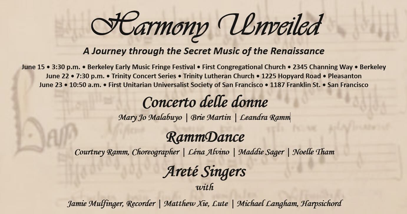 HARMONY UNVEILED: The Secret Music of the Renaissance 🎶🎵
This weekend RammDance will be the featured dance company collaborating with live musicians in “Harmony Unveiled: Secret Music of the Italian Renaissance”, performing both in Pleasanton and in San Francisco.
If you're in the Bay Area you don't want to miss this! 🫢🎵
Details below and RammDance.org
Saturday June 22, 2024
Trinity Concert Series presents
Harmony Unveiled: The Secret Music of the Renaissance"
7:30pm at Trinity Lutheran Church of Pleasanton
🎵🎵🎵
Sunday June 23rd, 2024
Big Music Sunday presents "Harmony Unveiled: The Secret Music of the Renaissance"
10:50am at UUSF (OR Live-stream here)
1187 Franklin St. San Francisco, CA 94109
Cost: Free!
"Bigger" Music Sunday is thrilled to present "Harmony Unveiled: The Secret Music of the Renaissance," a mesmerizing service full of vocal and instrumental masterpieces sung by Areté Singers, an East Bay ensemble renowned for their innovative vocal performances. They will team up with RammDance, which features Léna Alvino, Noelle Tham, and Maddie Sager with choreography by Courtney Ramm, as well as Matthew Xie on lute and Jamie Mulfinger on flute and recorder.
This exquisite program offers an immersive journey into one of history’s most vibrant and transformative musical periods. The congregation will experience the rich tapestry of Renaissance music, marked by its intricate polyphony, lush harmonies, and emotive depth. The shared cultural and historical significance of the performed music will not only entertain but also enlighten the audience.
.
.
.
.
.
#moderndance #bayareadance #bayareamusicians #bayareamusicscene #renaissance #rammdance #moderndancecompany #bayareaarts