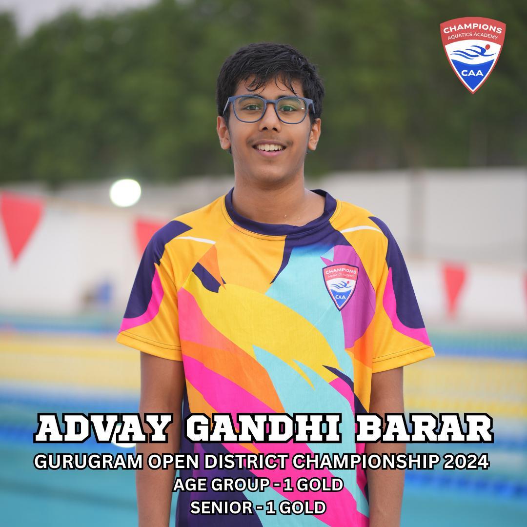 Advay Gandhi Barar - Double Gold Winner!
We are thrilled to celebrate Advay Gandhi Barar's incredible performance at the Gurugram Open District Championship 2024:
Age Group: 1 Gold
Senior Category: 1 Gold
Keep pushing boundaries, and weâre excited to see you grow as a promising swimmer!!
#AdvayGandhiBarar #ChampionsAquaticsAcademy #GoldMedalist #SwimmingChampion #GurugramDistrictChampion #ProudMoment #FutureChampion #SwimStrong #Inspiration #AthleteSpotlight