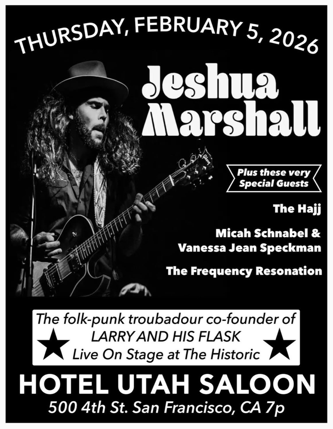 Coming up this Thursday in San Francisco at @hotelutah we will be opening for @jeshuamarshall co-founder of @larryandhisflask along with locals @micahschnabel @vanessajeanspeckman and The Frequency Resonation!
See you in a few days Bay Area folks!!
#thehajj #thehajjmusic #westcoastrour2026