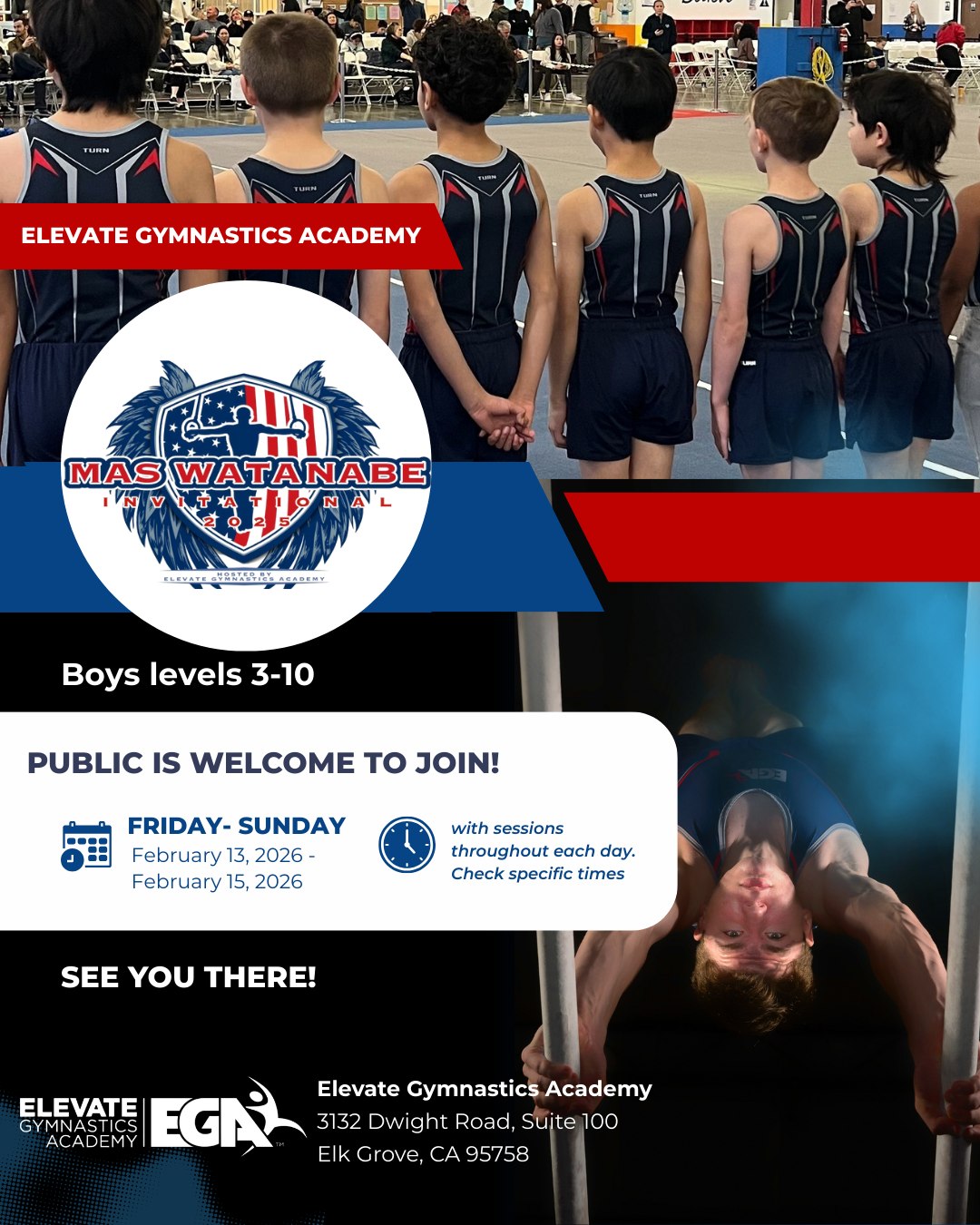 Honoring a Legacy: The Mas Watanabe Invitational 🏆💪
The boys are taking center stage! Join us next weekend as we host the prestigious Mas Watanabe Invitational right here at EGA.
We are incredibly proud to welcome the men’s gymnastics community to Elevate Gymnastics Academy in Elk Grove from February 13th through the 15th. This home meet is a highlight of our season, honoring the legendary Mas Watanabe and the standard of excellence he set for the sport.
Athletes from Level 3 all the way to Level 10 will be showcasing their strength, discipline, and technical skill in a Modified Capital Cup format. While the meet is officially FULL for athlete entries, we encourage all our gym families and local sports fans to come out and support these young men as they compete on the rings, pommel horse, parallel bars, and more.
Our mission at EGA is to build resilient athletes and strong leaders, and there is no better place to see that growth in action than on our home competition floor. The full session schedule will be available on our website .
Admission:
Adults (13+): $15.00
Seniors (55+): $8.00
Kids (6–12): $8.00
Ages 5 and younger: FREE
Let’s hear it for our boys! Drop a "GO EGA" in the comments to wish our men’s team luck! 💙
#maswatanabe #elkgrovegymnastics #mensgymnastics