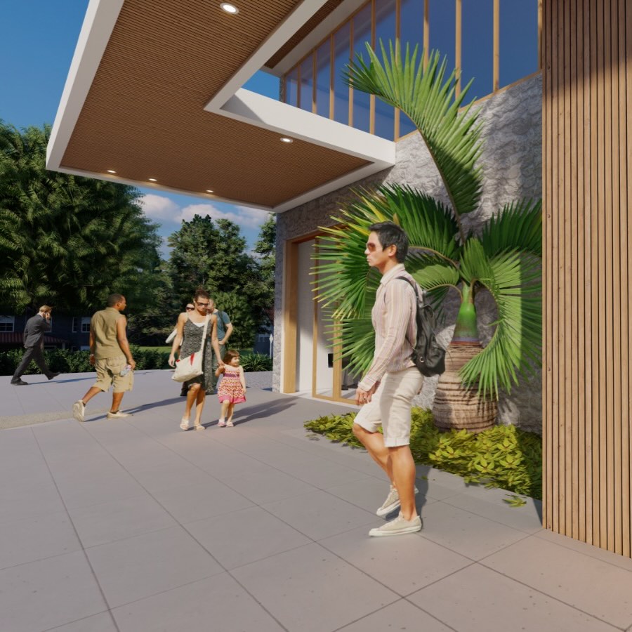 A implantação do edifício considera as condicionantes urbanísticas e ambientais do entorno, priorizando a orientação solar adequada, o aproveitamento da ventilação natural e a integração com os fluxos de acesso de pedestres e veículos. Os volumes são organizados de maneira a favorecer a permeabilidade visual e a leitura clara dos acessos principais e secundários.