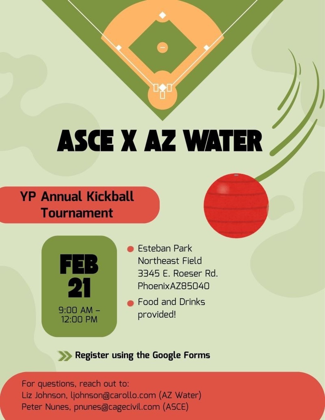 Start stretching and save the date for the annual ASCE YMF and AZ Water YP kickball tournament on Saturday February 21st from 9am-12pm!
To encourage mixing and networking, teams will be randomly generated rather than pre-assigned. Whether you’re a seasoned kickball pro or just in it for the laughs, all experience levels are welcome. 😊
Please RSVP in the link in bio, a teams meeting will be sent out closer to the day of the event.