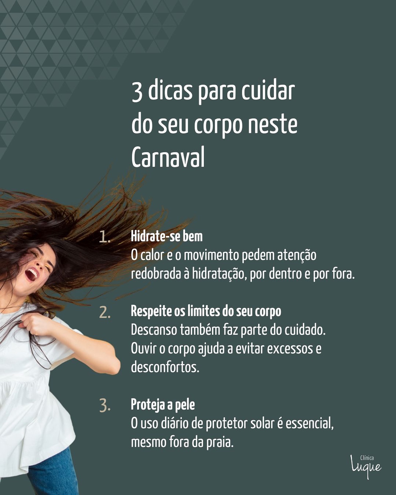 O Carnaval está chegando.
E para aproveitar essa época com mais leveza e bem-estar, reunimos 3 dicas importantes para cuidar do seu corpo:
1️⃣ Hidrate-se bem
O calor e o movimento pedem atenção redobrada à hidratação — por dentro e por fora.
2️⃣ Respeite os limites do seu corpo
Descanso também faz parte do cuidado. Ouvir o corpo ajuda a evitar excessos e desconfortos.
3️⃣ Proteja a pele
O uso diário de protetor solar é essencial, mesmo fora da praia.
Cuidar de si também faz parte de aproveitar bem cada momento.
#Carnaval #ClínicaLuque #DicasparaoCorpo #Saude #bemestar