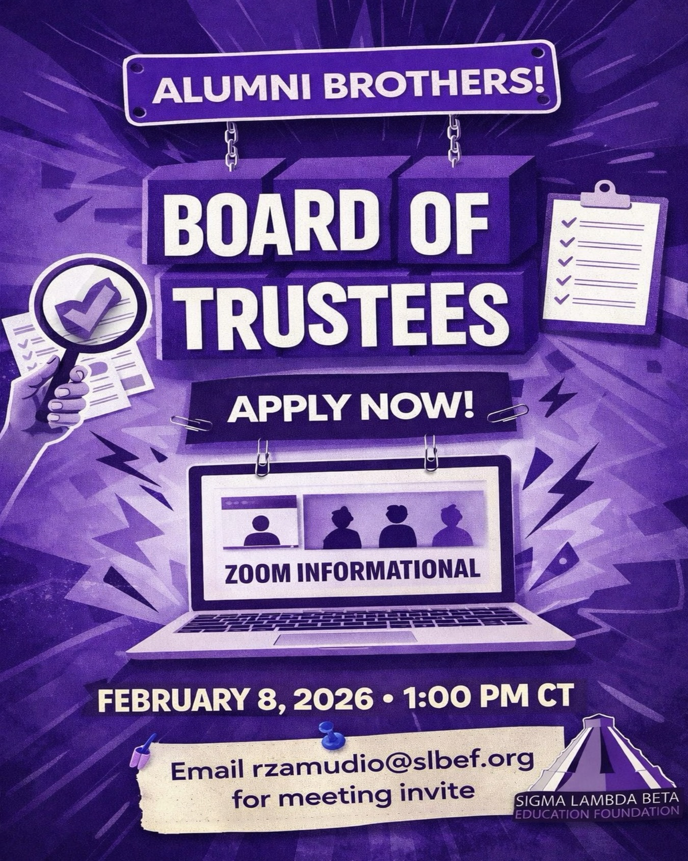 The Sigma Lambda Beta Education Foundation is seeking brothers ready to lead and serve through the Board of Trustees.
We have an informational Zoom session tomorrow Sunday, February 8 at 1:00 PM CT. Please email rzamudio@slbef.org for the meeting invite 🐎 #FuelingTheLight #SLBEF #SLB1986
