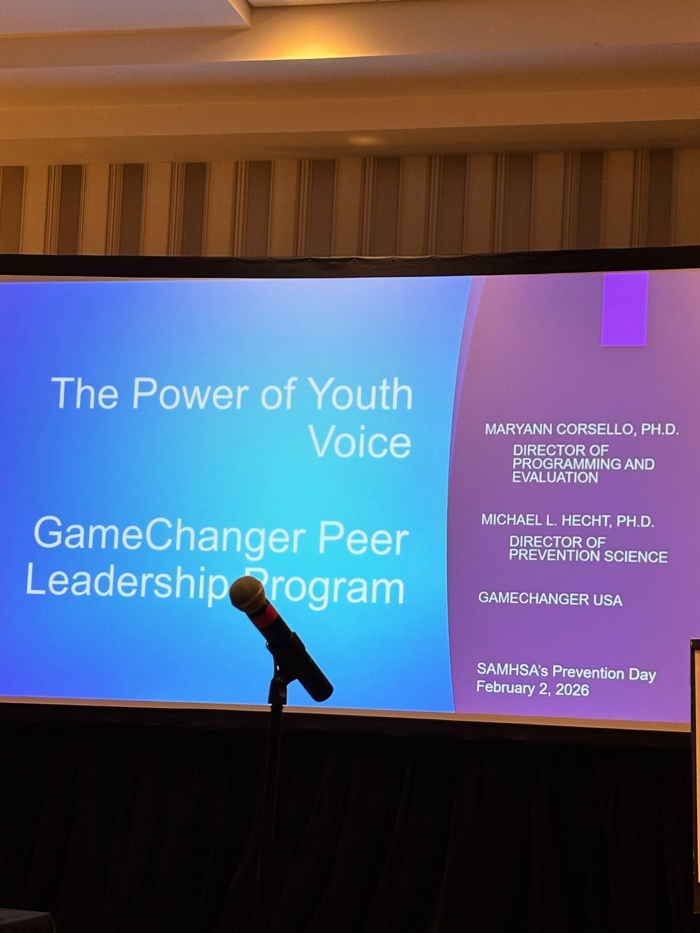 GameChanger Makes Big Impact at National Prevention Convention! GameChanger enjoyed a sparkling opening day at the 36th Annual CADCA (Community Anti-Drug Coalitions of America) at the Gaylord Hotel in Suburban Washington, DC.
Director of Programming and Evaluation, Dr. Maryann Corsello and Director Prevention Science, Dr. Michael Hecht, opened the afternoon session with a 45-minute Presentation on the GameChanger Peer Leadership Program.
Later in the afternoon, Director of Prevention Education Shelly Mize and Director Prevention Outreach, Paige Mathias, presented Poster Presentation on the GameChanger Elementary and Peer Leader Programs.
Over 2,000 Prevention from throughout the nation have converged on the Gaylord Hotel for the Annual Convention where GameChanger is solidifying itself as one of the nation’s most comprehensive Prevention Education Programs.