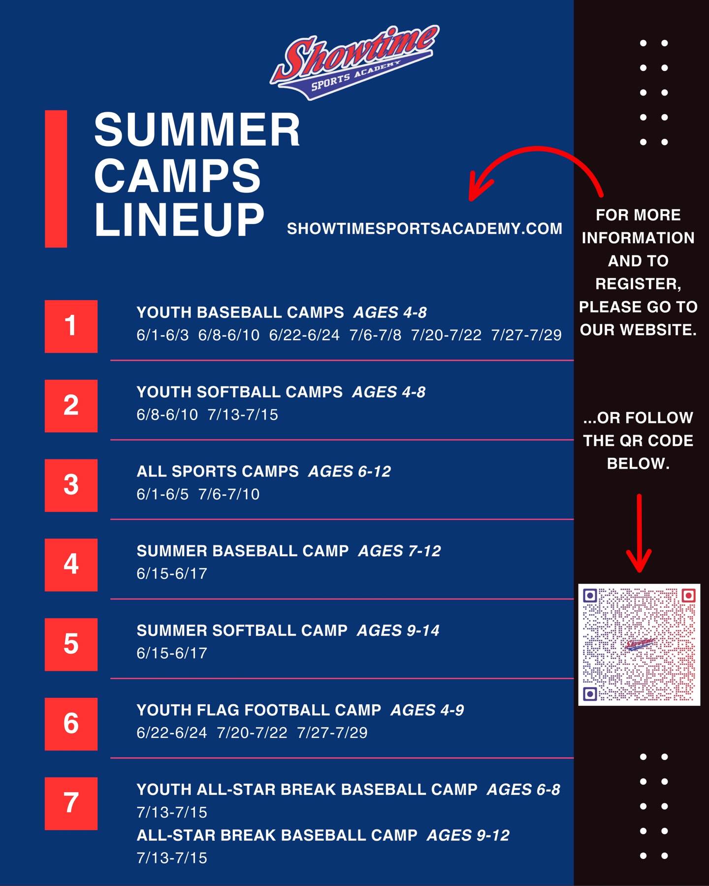 Time to make those summer plans, and we’re excited to announce the Showtime Summer Camp Lineup! This years summer camps are designed to help our young athletes of all ages grow their skills, build confidence, and have an unforgettable summer filled with energy, teamwork, and fun! Go to showtimesportsacademy.com for all of the details and register today!