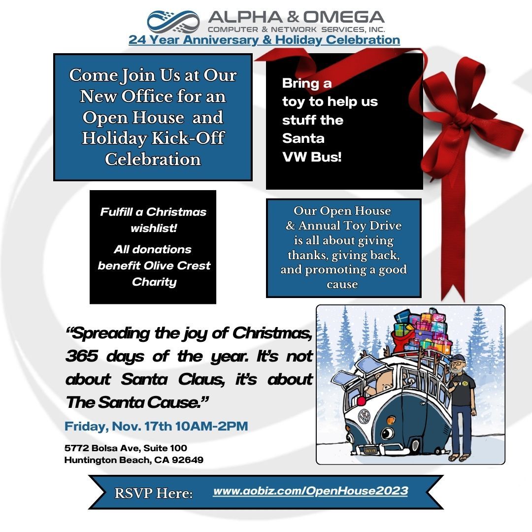 Join the Santa Cause at Alpha & Omega's Open House! π
We're thrilled to be part of the celebration, bringing The Santa Cause and The Santa VW to the new Alpha & Omega Offices.
Link in bio to RSVP and join us for a day of holiday fun and support Olive Crest with our toy drive. See you there! πππββοΈπ§βπ
#TheSantaCause #TheSantaCrew #TheSantaVW #AlphaOmegaOpenHouse #olivecrest #nonprofit #charity #donation #fostercare #huntingtonbeach #orangecounty #losangeles #OliveCrestToyDrive"