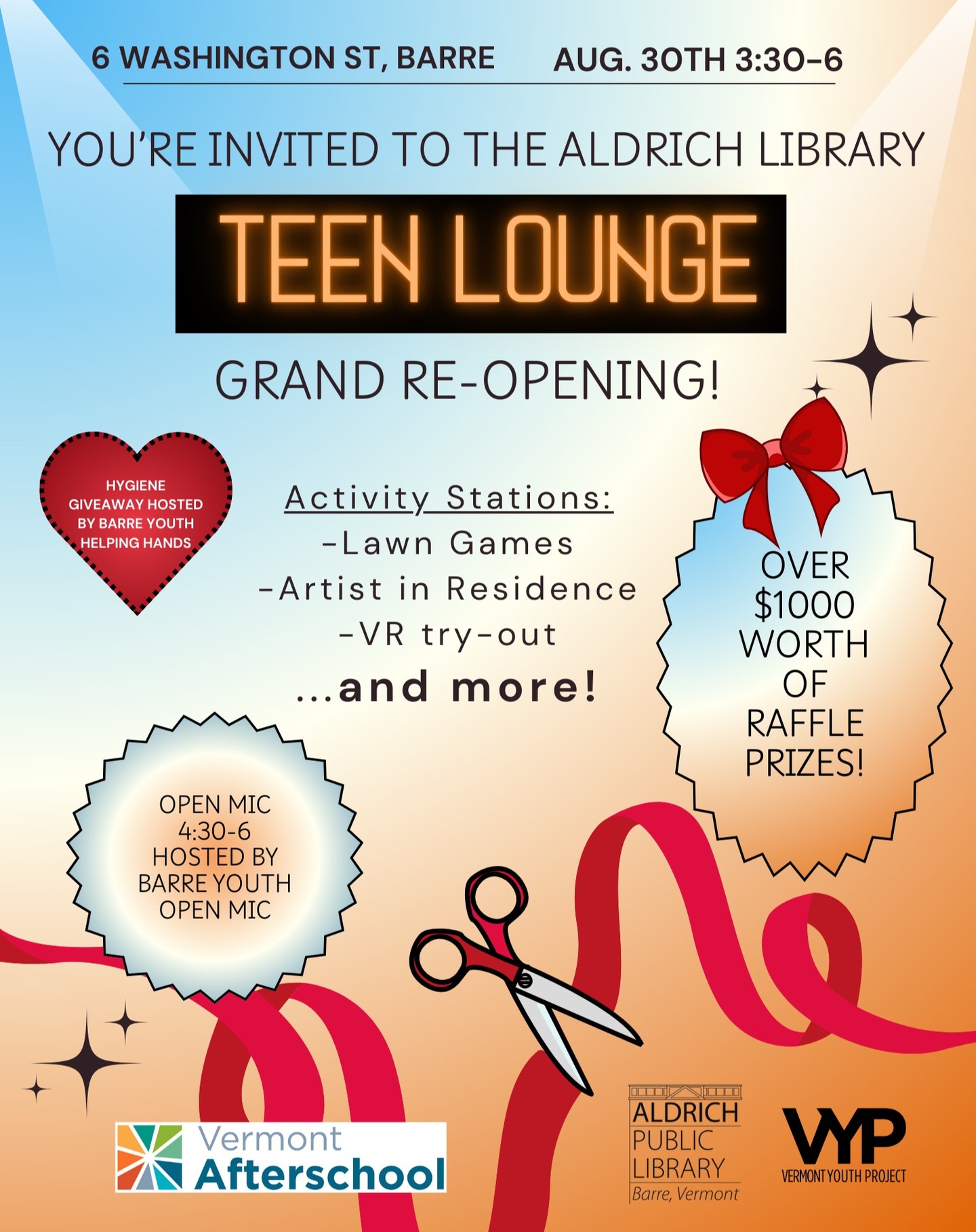 Thanks to federal funding, @vtafterschool, and the Vermont Youth Project, the library's Teen Lounge has been transformed with new furniture, decor, games, arts and crafts, and more! We will celebrate the transformation with a grand re-opening. Come for snacks, games, arts and crafts, showcase your talents at an open mic, and a special raffle to win a Nintendo Switch, Beats Headphones, an instant camera and more!
This space is truly made by youth, for youth -- and we are excited to unveil it to the community!