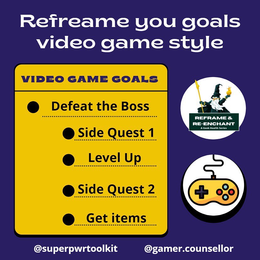 Another collaboration with @superpwrtoolkit on her reframe and re-enchant series!
Also, new blog post related to the theme of this post - objectives and quests, how to gamify your life using video games mechanics.
Visit gamercounsellor.com to read the post. Link in bio too!
Follow @gamer.counsellor for more posts on the journey of life from the lens of a counsellor, Christian, psych graduate and a gamer.
#gamercounsellor #geek #geektherapy #geektherapist #wellbeing #wellbeingnz #videogames #gamify #reframing