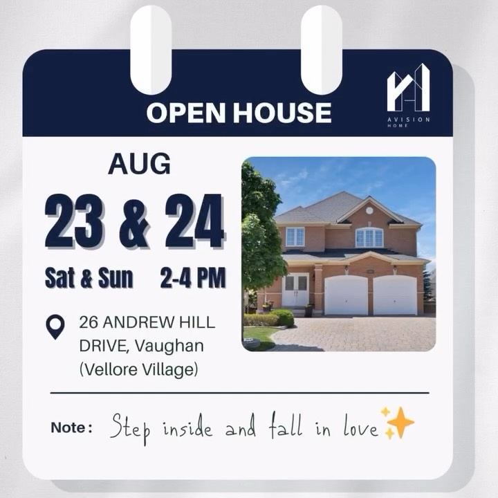 📣 Calling all house hunters! Join us for an Open House this weekend! 🏡 Explore, ask questions, and imagine your future in this beautiful space. See you there!
⏰ August 23 - 24 (Sat & Sun) 2 - 4 pm
📍 26 ANDREW HILL DRIVE, VAUGHAN
#torontorealestate #toronto #markham #torontorealestateagent #richmondhill #scarborough #vaughan #oshawa #mississauga #avisionhome #avisionhomeopenhouse