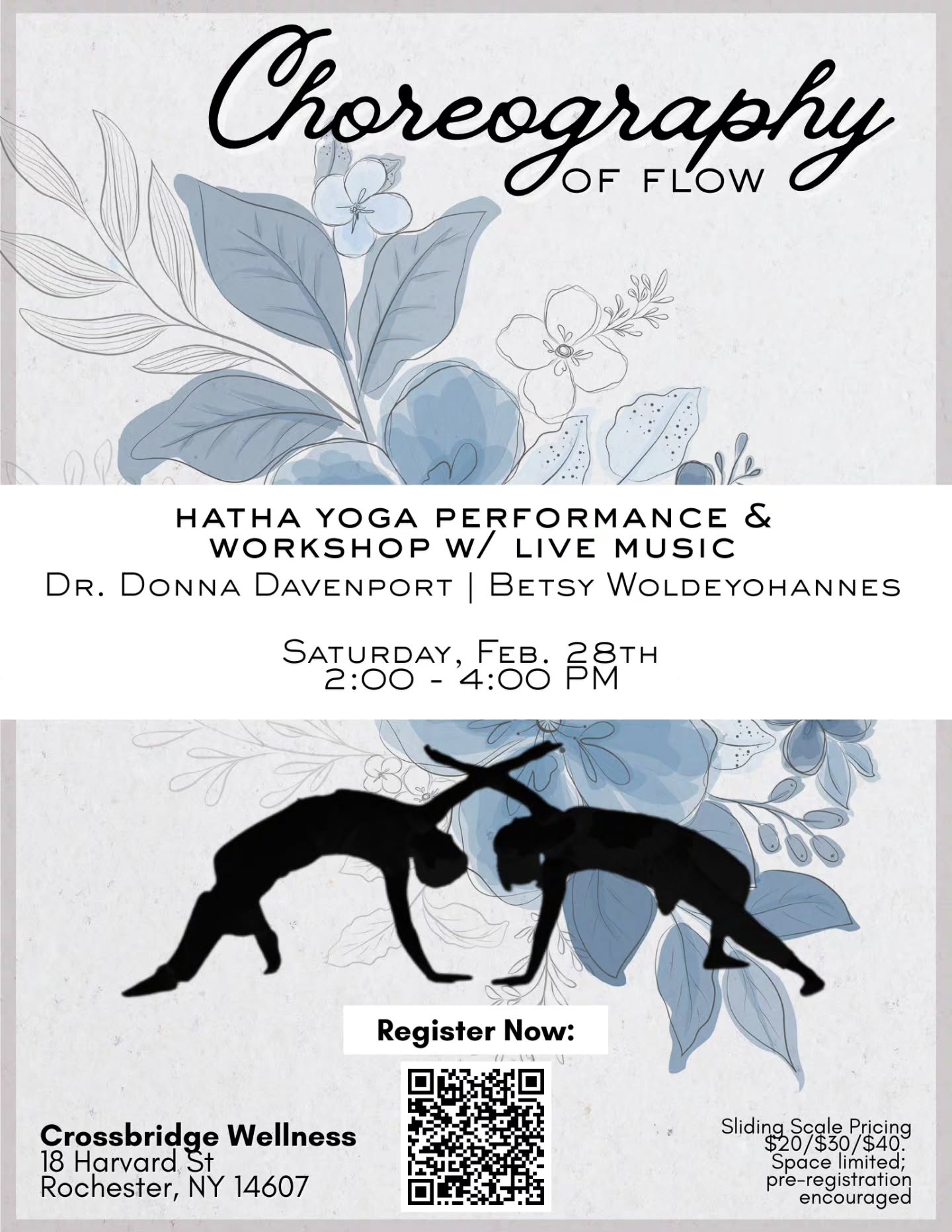 Join me and @dancingdav for an afternoon of movement, music, and play!
EVENT DETAILS:
🌿Choreography of Flow: Hatha Yoga Performance & Workshop w/ Live Music
Join seasoned Movement Specialist Dr. Donna Davenport and Yoga Teacher Betsy Woldeyohannes for an exploration of movement in community at @crossbridgewellness ! Donna and Betsy will begin with a duet performance accompanied by live music; afterwards, there will be an all-levels Hatha Yoga workshop playing with some of the shapes featured in the duet. Beautiful to watch and fun to do, join us as we welcome joy through movement this winter!
📍Crossbridge Wellness
18 Harvard St
Rochester, NY 14607
🕒Saturday, February 28th, 2:00 - 4:00PM
ℹ️ This event will run for a total of two hours, including a short intermission. $20/$30/$40 Sliding scale Pricing. The workshop fee includes the performance. Drop-in's welcome, but space is limited, so secure your spot today! 5 pre-registrations are necessary to run the event.
👉Book Now at https://www.yeneyoga.com/event-details-registration/choreography-of-flow-2
#events #workshop #dance #performance #yoga accessible livemusic music rochesterny rochesteryoga