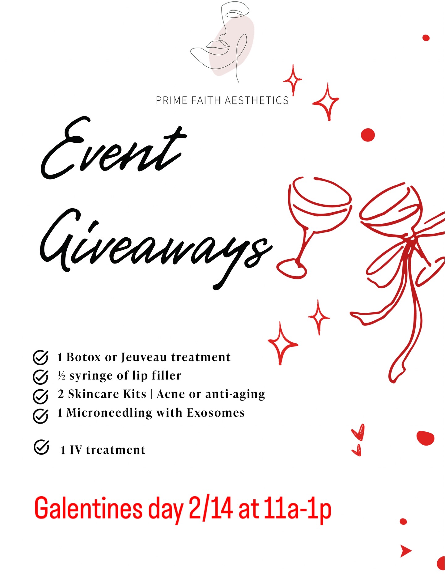 💜 Don’t have a Valentine or don’t want one? That’s totally okay! 💖 Self-care is the best care!
Join us for our Galentine’s Day Event at Prime Faith Aesthetics from 11 AM to 1 PM! 🎉✨ RSVP via the link in our bio—just click the link and select the Galentine’s Event!
Get ready for some amazing giveaways, including Botox treatments, lip fillers, microneedling, and much more! 🎁💋 Let’s celebrate self-love and friendship together! 🌼💕Do you prefer preventative anti-aging treatments?! Answer the question below!
#GalentinesDay #SelfCare #PrimeFaithAesthetics #dallastx #TreatYourself. A