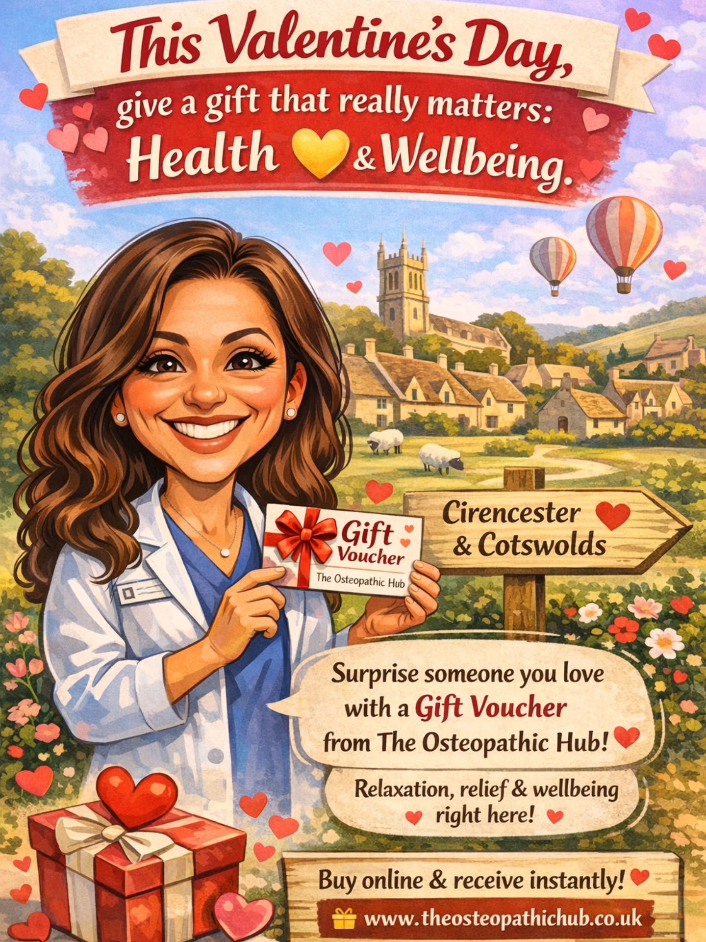 Jumping on this trend with a Cotswolds touch
This illustration introduces Ana Pret, founder of The Osteopathic Hub, right here in Cirencester — created as part of a fun online trend, and we loved the result.
With Valentine’s Day just around the corner, it’s a gentle reminder that the most meaningful gifts are those that care for health, balance and wellbeing.
🎁 Gift Vouchers from The Osteopathic Hub can be used towards any service at the Hub, making them a thoughtful and flexible gift — whether for someone special or as an act of self-care.
We’d also love to connect even more with our local community 🤍
If you’re joining this trend, tag @theosteopathichub in your Stories — we’d love to discover more friendly faces across Cirencester & the Cotswolds.
👉 Find out more at
www.theosteopathichub.co.uk
The Osteopathic Hub
Caring for you and your family!
Thoughtful. Local. Deeply relaxing. 💌
📍 Find us at The Woolmarket, Cirencester, or secure your voucher online via the link in our bio.
#TheOsteopathicHub #Cirencester #Cotswolds #ValentinesGift #CotswoldLife SupportLocalCirencester WellnessJourney MassageTherapyUK FusionMassage Tetbury Bibury BourtonOnTheWater Malmesbury Fairford