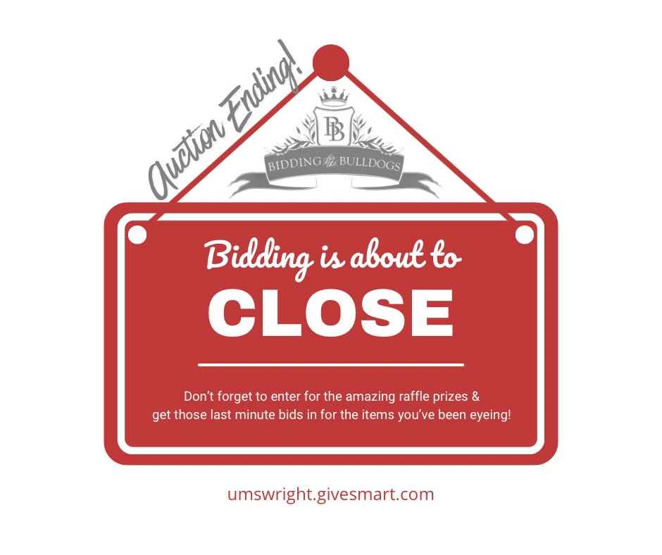 Bidding for the Bulldogs ends TONIGHT at 10pm! Don’t forget to enter the raffle drawings & get those last minute bids in too!
Visit umswright.givesmart.com before this auctions ends!