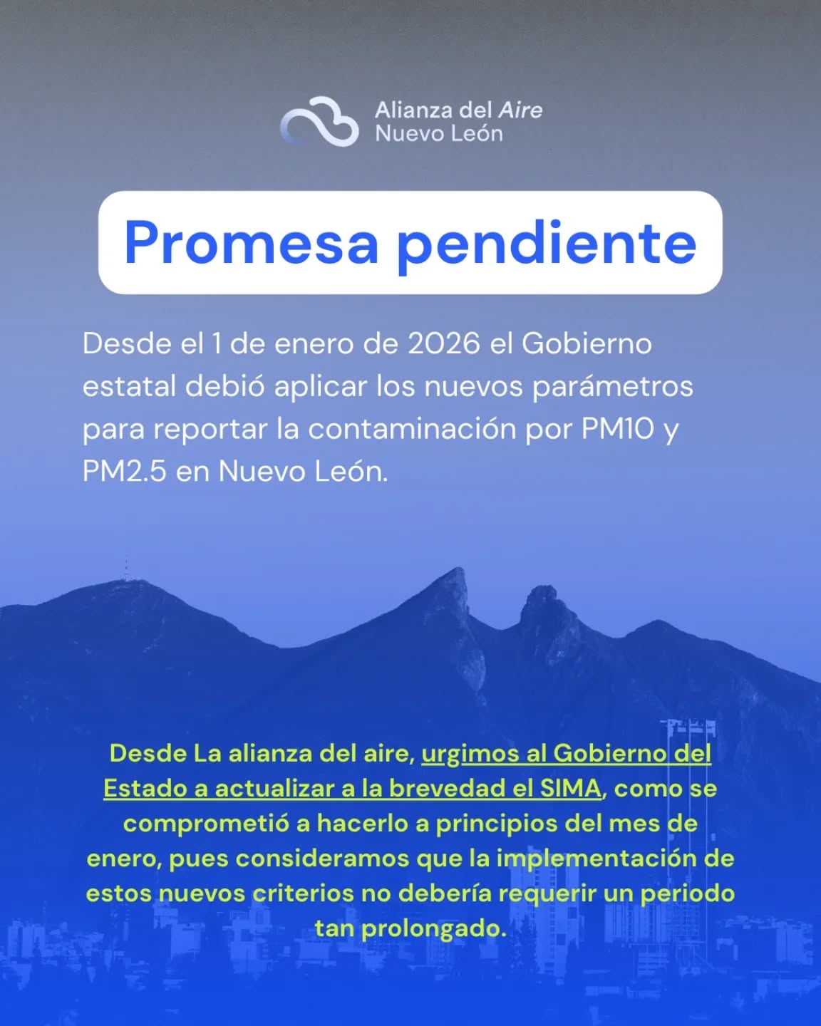 Los nuevos parámetros para PM10 y PM2.5 ya debían aplicarse, pero el sistema oficial sigue desactualizado 🌬️😷
Actualizar la información es clave para proteger la salud de la población 👩🏻⚕️
#AlertaRegia #AlianzaDelAire #CalidadDelAire #SaludPública