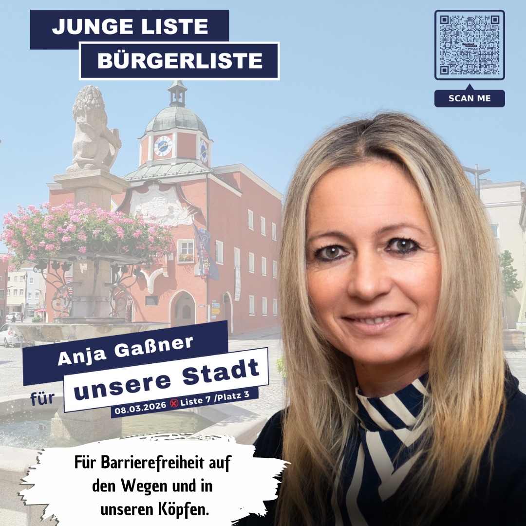 Für Barrierefreiheit auf den Wegen und in unseren Köpfen.
Anja Gaßner setzt sich ein, dass Barrierefreiheit für uns alle präsent ist und kein politischer Trend - es ist Freiheit im Alltag, in der Mobilität und in unseren Gedanken.
Lerne unsere Stadtratskandidat*innen kennen! Auf unserer Homepage www.jl-bl.de gibt es alle Infos zu unseren Zielen und Visionen – und alle Termine, bei denen du direkt ins Gespräch kommen kannst. Dein Kontakt zählt!
#kommunalwahl2026 #stadtrat2026 #pfarrkirchen #GemeinsamFürEinLebendigesPfarrkirchen