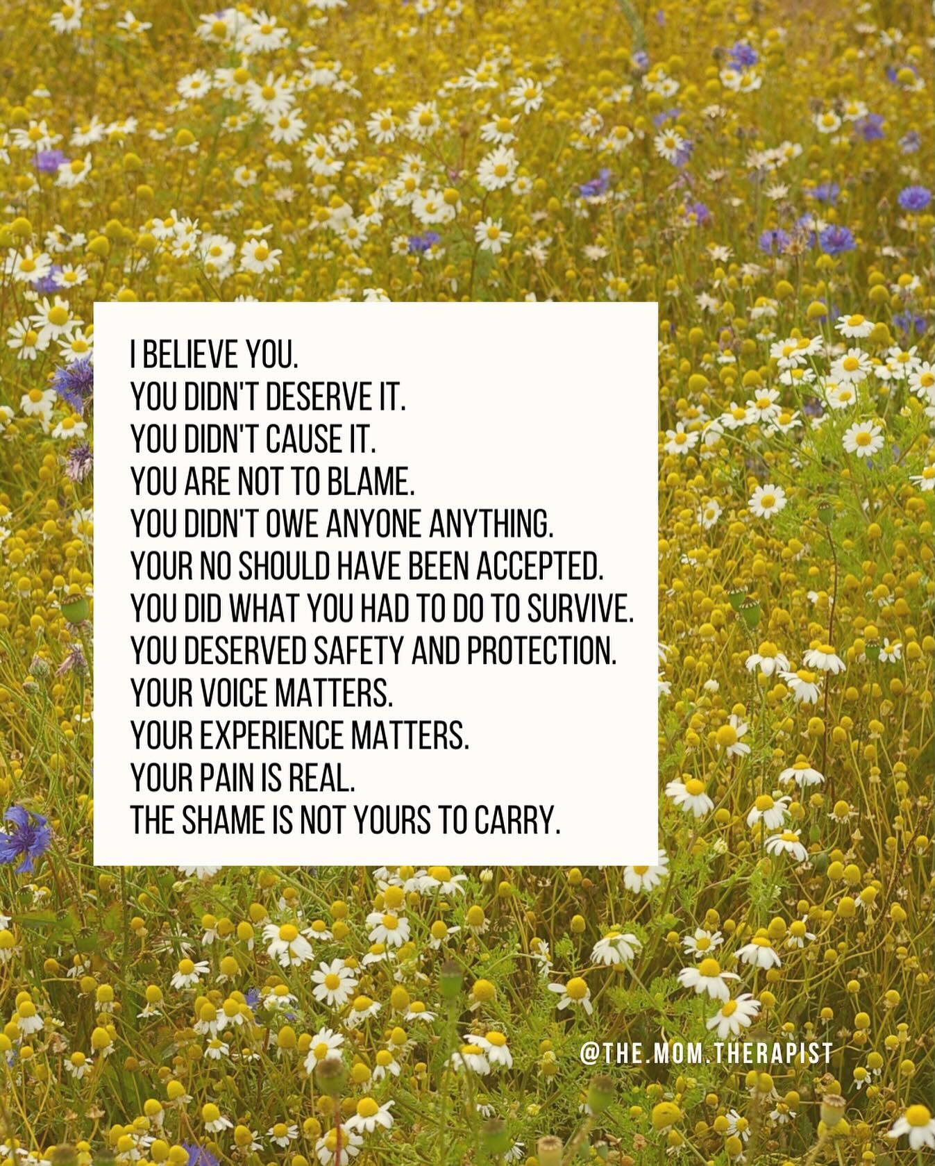These words have been sitting heavy on my heart for a long time, and I know those of you who are survivors of SA need to hear them. To know that you're not alone. To know there is someone out there who believes you, who stands with you, who sees and understands the pain that is resurfacing for you now.
As these horrific details of CSA flood our screens, and the world dissects these children's trauma one page at a time...I know you are reliving your own in the background.
I'm so deeply sorry you have to know what this feels like, and that you're being reminded of it every day. All while witnessing the complete lack of accountability and consequences for those in power who caused harm...it's all just so much, and you deserve better.
I believe you.
You didn't deserve it.
You didn't cause it.
You are not to blame.
You didn't owe anyone anything.
Your no should have been accepted.
You did what you had to do to survive.
You deserved safety and protection.
Your voice matters.
Your experience matters.
Your pain is real.
The shame is not yours to carry.
Please go gently with yourself right now. I'm sending you so much love. 🩷