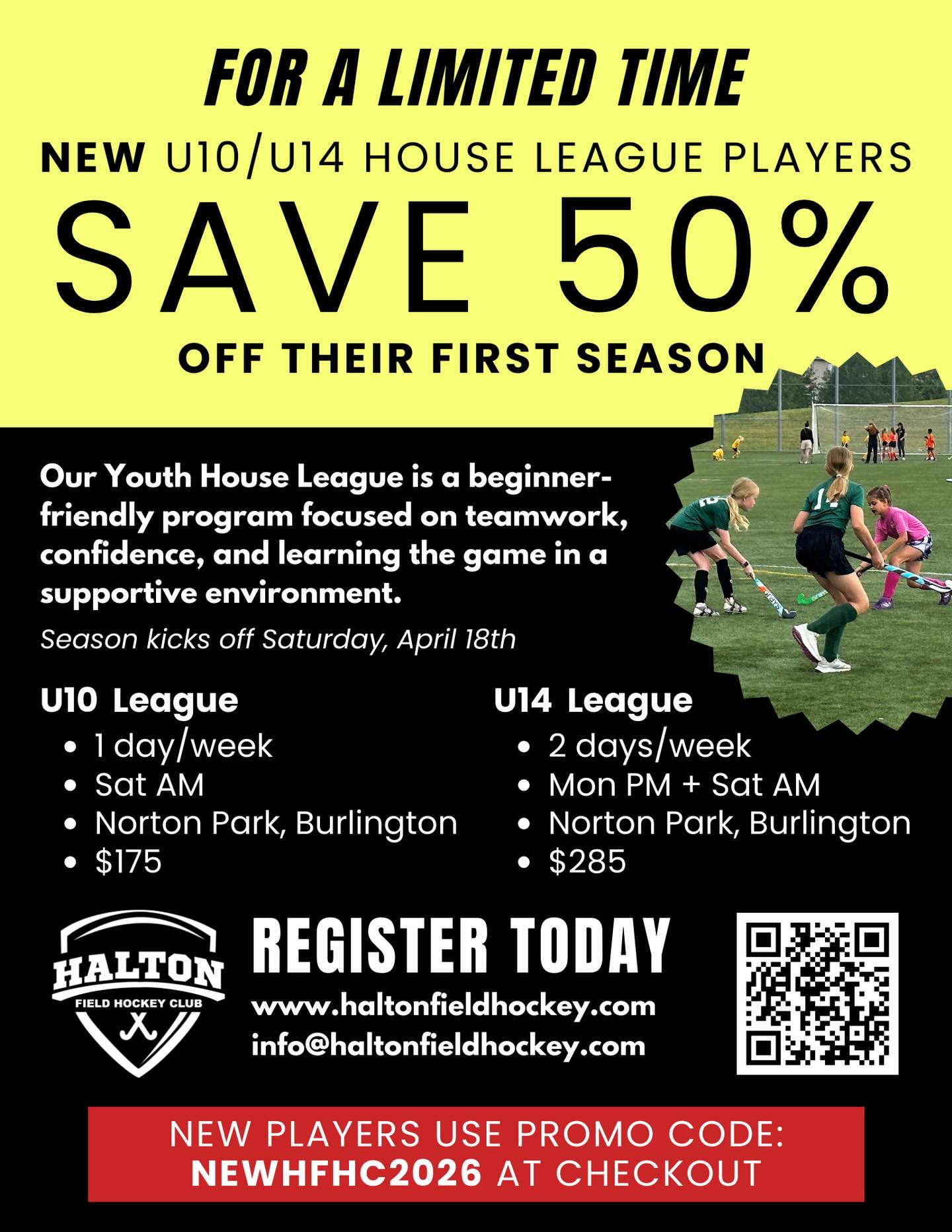This is your chance to try out field hockey for 50% off as a new player! If you are U10/U14 you can register for our spring season with a special new player discount code!
Register today on PowerUp and use code NEWHFHC2026 at checkout for 50%
#haltonsports #halton #haltonfieldhockey #springsports