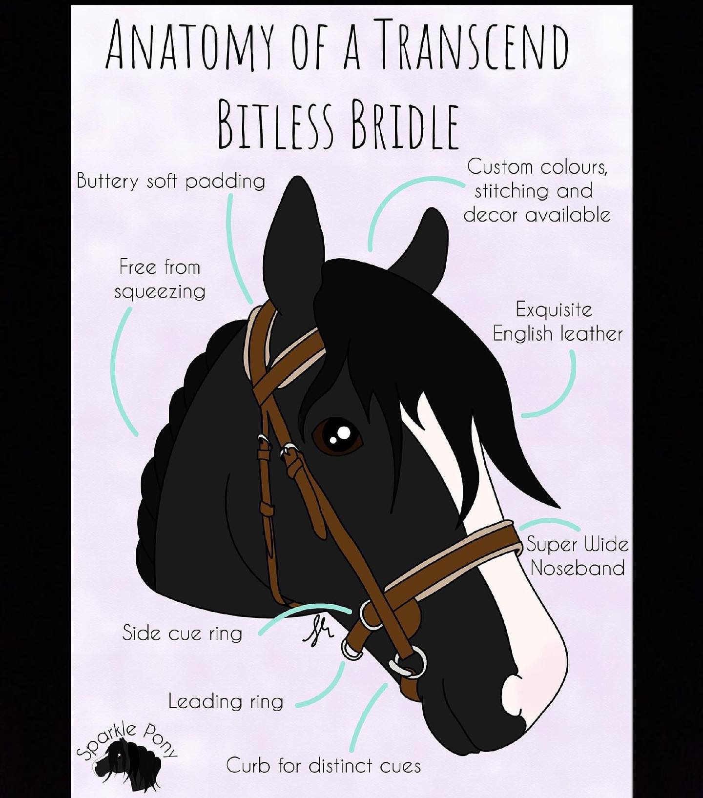 THE ANATOMY OF A TRANSCEND DOUBLE BITLESS BRIDLE
Transcend bridles are built with practicality and style in mind, whilst ensuring optimal comfort.
Credit to @sparkle.pony.co.uk for the drawing