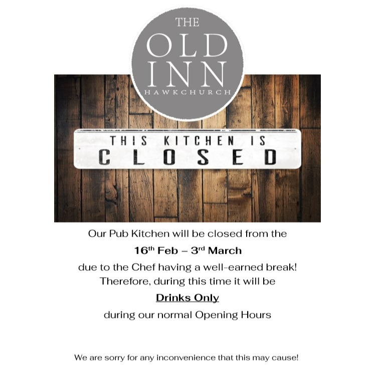Kitchen Closure Notice: Our chef is taking a well earned holiday from this coming Monday. The Bar will, however, be open during our usual opening times for drinks!
We are sorry for any inconvenience caused.
#theoldinnpub #theoldinnhawkchurch #kitchenclosed #villagelife #devonpub