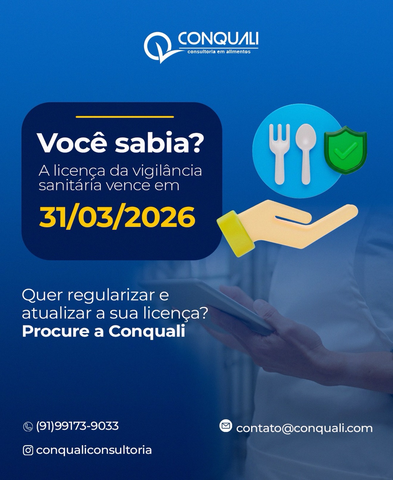 ⏰ Atenção, operação!
A Licença da Vigilância Sanitária vence em 31/03/2026, e deixar pra última hora pode significar correria, pendência documental e atraso na liberação.
Na prática, a renovação envolve entrada do pedido, análise de documentos e inspeção/fiscalização para fins de licenciamento. 
📌 Em Belém, por exemplo, a solicitação exige documentação e pagamento da taxa (DAM); e, em caso de renovação, é necessário anexar a licença do ano anterior. 
✅ Quer regularizar e atualizar sem dor de cabeça?
A Conquali organiza seu processo, confere requisitos e te orienta do começo ao fim para manter sua operação em conformidade.
📲 Chama no WhatsApp (91) 99173-9033
📩 contato@conquali.com
🔎 @conqualiconsultoria
#VigilânciaSanitária #LicençaSanitária #Regularização #SegurançaAlimentar #BoasPráticas