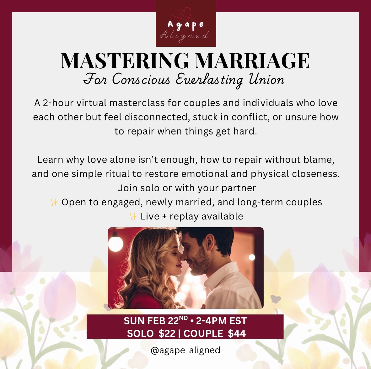 Mastering Marriage Masterclass ā„ļø
for Conscious Everlasting Union
A 2-hour virtual masterclass for couples and individuals who love each other but feel disconnected, stuck in conflict, or unsure how to repair when things get hard.
Learn why love alone isnāt enough, how to repair without blame, and one simple ritual to restore emotional and physical closeness.
⨠Join solo or with your partner
⨠Open to engaged, newly married, and long-term couples
⨠Live + replay available
š Sun Feb 22nd
š 2-4pm EST
šZoom
www.mamaitri.com/event
#marriage #relationshipcoach #masterclass #everlastinglove #matchmaker