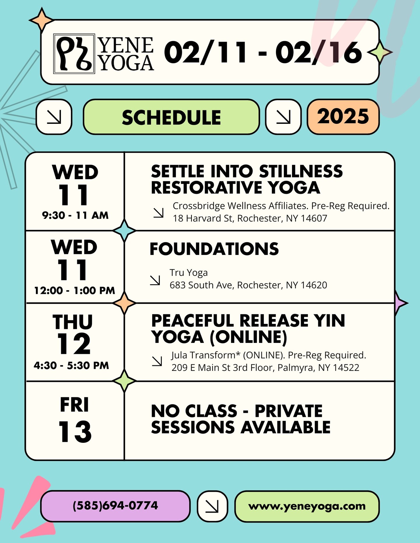 This week's newsletter, The Case for Joy — The Immeasurable Mudita मुदित, is now live! Read on at the link below:
https://www.yeneyoga.com/so/dePn9SNAn?languageTag=en
📌EVENTS:
SATURDAY, 2/28 2:00 - 4:00 PM: Join me and @dancingdav for The Choreography of Flow: A Hatha Yoga Performance & Workshop w/ Live Music (RESCHEDULED). $20/$30/$40 sliding scale pricing includes attendance of the yoga flow duet and participation in the all-levels workshop. Space is limited; pre-registration is encouraged.
See newsletter for event details.
💐Wednesday 02/11
💗Settle into Stillness Restorative Yoga
9:30 - 11:00 AM EST
Crossbridge Wellness Affiliates
18 Harvard St, Rochester, NY 14607
$10/$15/$20 Sliding Scale pricing. PRE-REGISTRATION REQUIRED.
💗Foundations*
12:00 - 1:00 PM EST
Tru Yoga
683 South Ave, Rochester, NY 14620
$10/$15/$20 Sliding Scale pricing
*All Tru classes must be booked directly through Tru at www.truyogaroc.com
💐Thursday 02/12
💗Peaceful Release Yin Yoga (ONLINE ONLY)
4:30 - 5:30 PM EST
Jula Transform
Held ONLINE
$10 flat-rate
Please book at least 30 min* before. PRE-REGISTRATION REQUIRED.
💐Friday 02/13
NO PUBLIC CLASSES - PRIVATE SESSIONS AVAILABLE
💐Saturday 02/14
NO PUBLIC CLASSES / NO PRIVATE SESSIONS. Happy Valentine's Day!
💐Sunday 02/15
💗Hatha Yoga Club (Available for UR Undergraduate Students)*
1:00 - 2:00 PM EST
University of Rochester
Leibner-Cooper Room, Goergen Athletic Center
720 Library Rd, Rochester, NY 14611
Free for UR Students. Sign up at https://ccc.rochester.edu/hathayoga/home/.
💗Reset & Reconnect Evening Vinyasa
5:30 - 6:30 PM EST
Crossbridge Wellness Affiliates
18 Harvard St, Rochester, NY 14607
$10/$15/$20 Sliding Scale pricing. PRE-REGISTRATION REQUIRED.
💐Monday 02/16
💗Vinyasa (SUBSTITUTE)*
12:00 - 1:00 PM EST
Tru Yoga
683 South Ave, Rochester, NY 14620
$10/$15/$20 Sliding Scale pricing
*All Tru classes must be booked directly through Tru at www.truyogaroc.com
#rochesterny #rochesteryoga #restorative #vinyasa #yin #peace #joy #beginner #beginnerfriendly #accessible