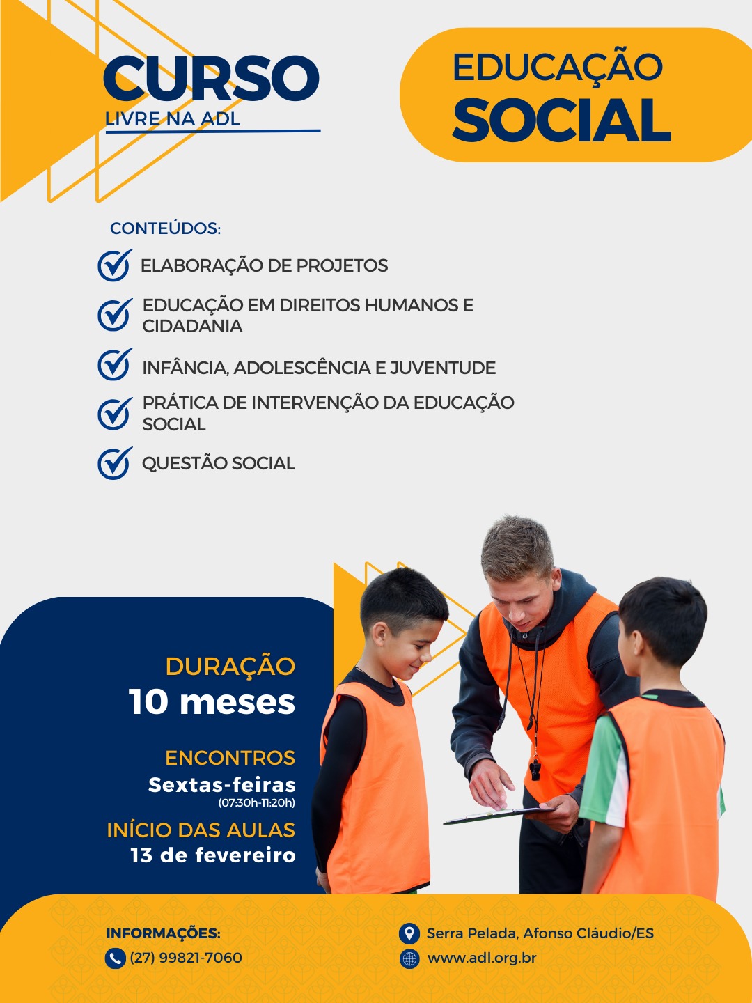 📚🎶 INSCRIÇÕES ABERTAS | CURSOS GRATUITOS NA ADL
A ADL está com inscrições abertas para dois cursos presenciais, com duração de 10 meses, voltados à formação musical e à atuação social e comunitária.
🎶 Curso de Música – Aprofundamento
📌 Público-alvo: adolescentes a partir de 16 anos, jovens e adultos
📚 Pré-requisitos: domínio de teoria musical e prática em pelo menos um instrumento
🎼 Formação com aprofundamento em música sacra e popular, instrumentos melódicos, harmônicos e rítmicos, canto coral, regência, teoria e percepção musical.
🎓 Possibilidades de atuação: regência de coros, oficinas de música e coordenação de atividades recreativas por meio da música.
🗓 Encontros: terças e sextas-feiras
📘 Curso de Educação Social – Nível Médio
📌 Público-alvo: adolescentes a partir de 17 anos, jovens e adultos
📚 Estudos em Direitos Humanos e Cidadania, Elaboração de Projetos, Infância, Adolescência e Juventude, Questão Social e Práticas de Intervenção em Educação Social.
🎯 Formação para atuação como Educador(a) Social em projetos sociais/SCFV, prefeituras, organizações da sociedade civil e entidades diaconais.
🗓 Encontros: sextas-feiras (07:30h - 11:20h)
⏳ Duração dos cursos: 10 meses
💰 Cursos gratuitos
📍 Presencial na ADL – Serra Pelada | Afonso Cláudio/ES
📲 Inscrições:
https://forms.gle/3MSygTB58fSXCTki6
🔗 Saiba mais:
Música: https://www.adl.org.br/courses/m%C3%BAsica
Educação Social: https://www.adl.org.br/courses/educa%C3%A7%C3%A3o-social
📞 Informações:
WhatsApp (27) 99821-7060