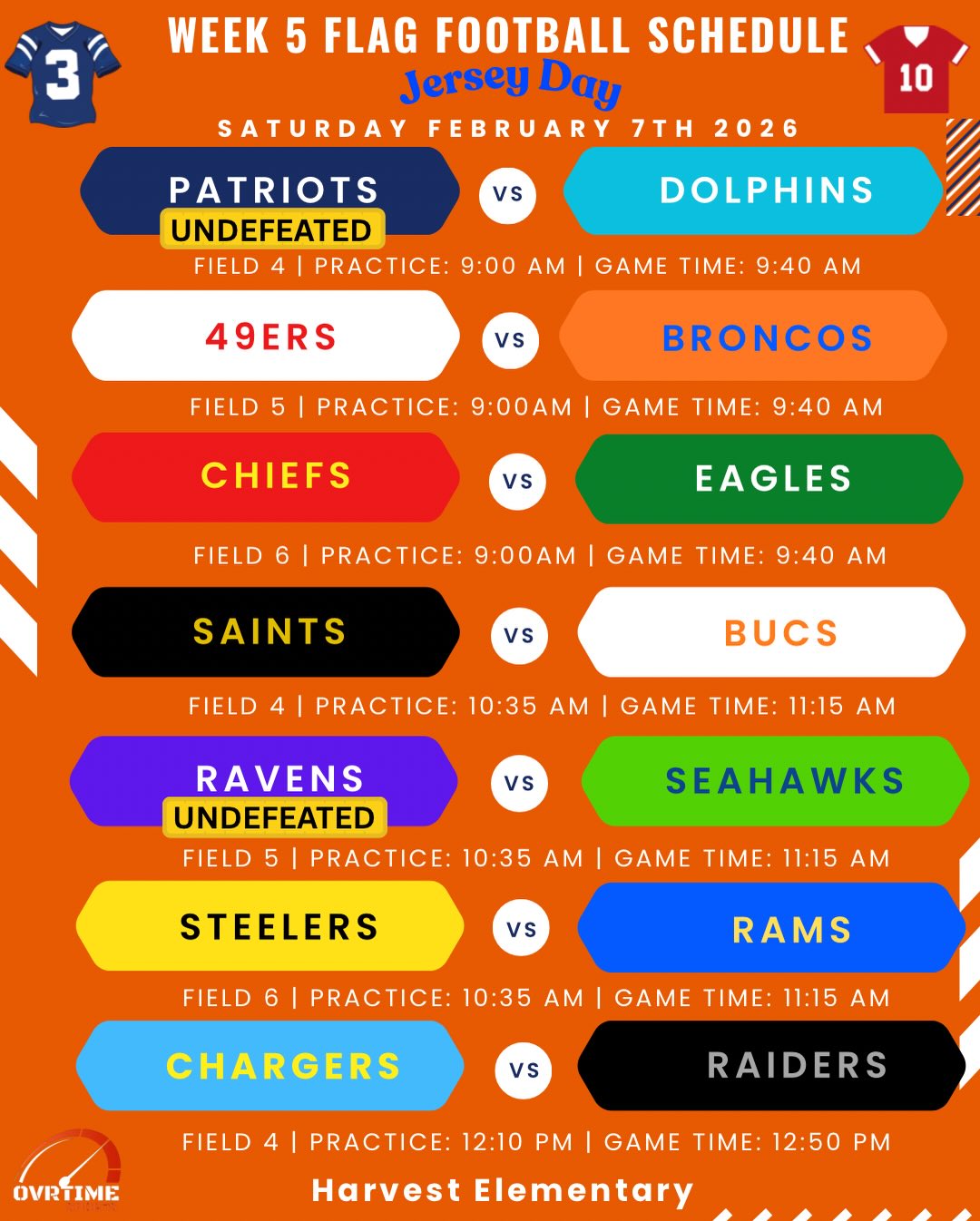 Week 5 is Jersey Day in honor of Super Bowl Weekend 🏟️
Rock your favorite team gear, bring a friend, and get ready for another fun round of Saturday games ⚽️🏈
Plus, @constastacos is back with us again 🌮
#ovrtimesports #centralvalley #youthsports