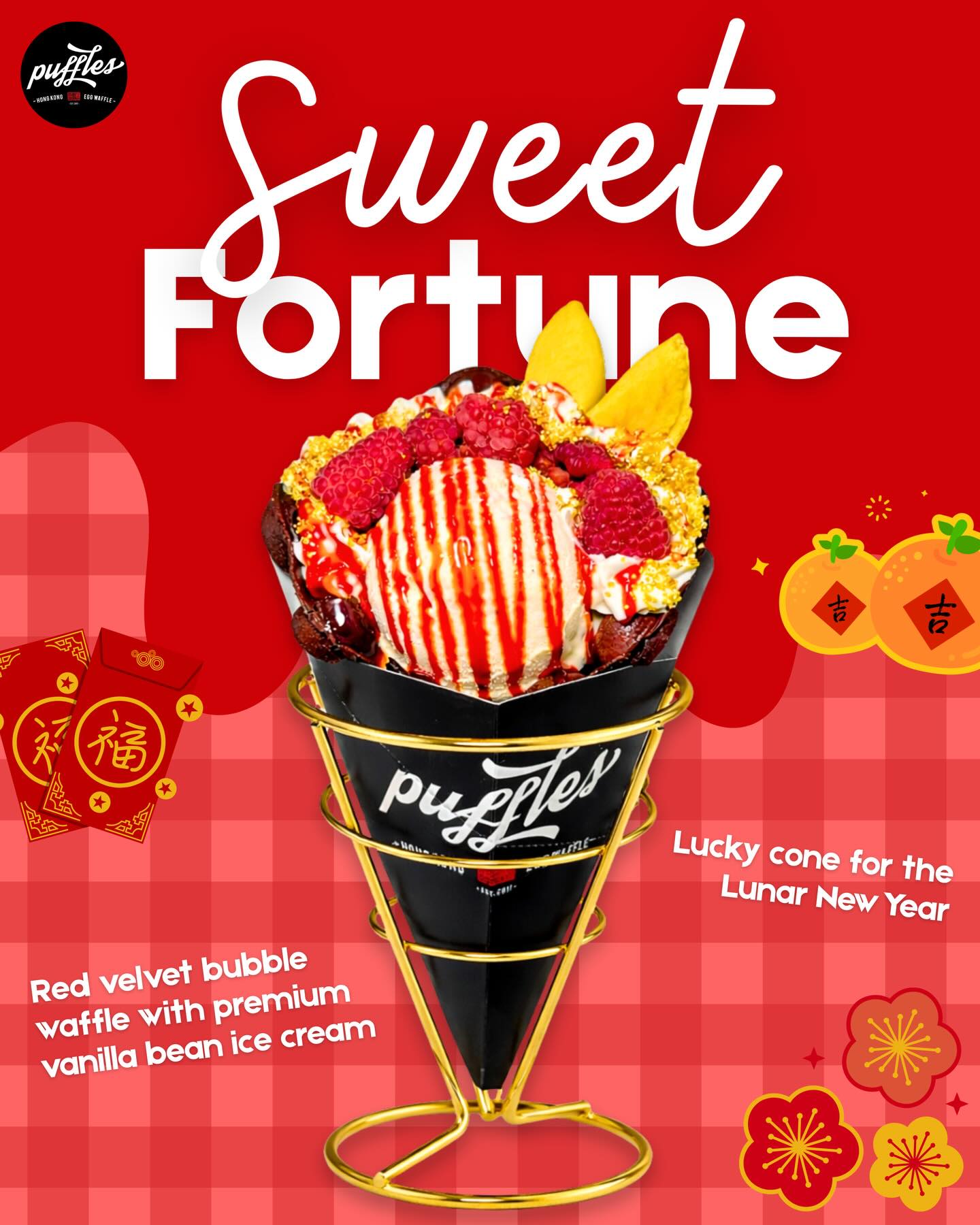 Sweet Fortune has arrived🧧✨
Celebrate Lunar New Year with our limited-edition Sweet Fortune waffle cone: a red velvet bubble waffle wrapped in prosperity, topped with vanilla bean ice cream, whipped cream, strawberry drizzle, gold sprinkles, fresh raspberries, and a fortune cookie to seal the luck🍀
Bold flavors. Lucky colors. Good fortune in every bite😋
Available for a limited time only at Hollywood Beach and Downtown Miami!
#puffles #bubblewaffle #lunarnewyear #chinesenewyear #lunarnewyear2026