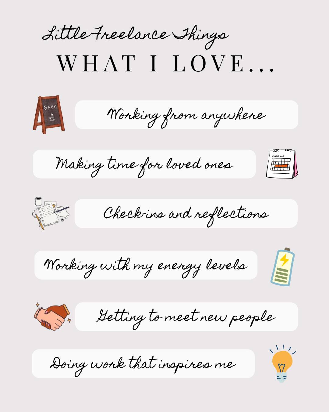 6 Things I Love About Freelancing... ❤️
I've had a freelance career for nearly 6 years now. Although I fell into this career path at first (thanks pandemic!), year after year, I've continued to choose the freelance lifestyle.
Here are 6 reasons why...
☕️ A change in environment re-energises me, and one of the best parts of freelancing is being able to choose where to work everyday -- sometimes to find my focus, a yummy treat, or just for the vibes.
📆 Recently, I've been able to go on meaningful trips and be present to celebrate and support my loved ones when they needed me, without feeling like work is a barrier. This flexibility allows me to show up for the people I care about the most.
📒 What started as a business growth strategy has turned into a bi-weekly self-check in. Big picture thinking, reflections, and intention-setting are great not just for accountability but also ensures I'm always building a values-led career.
🔋 I'm increasingly appreciating the ability to plan my work around my energy levels rather than work against it. I have moments when I can focus for 5 hours straight, and others when I'm no use to anybody. Being able to listen to my body and end work when I need to is a super power.
🤝 Whether it's in-person or digital networking, referrals, co-working spaces, or joining a new team -- freelancing is constantly offering me opportunities to meet new people!
💖 At the start of my career, being able to choose my work meant the freedom to explore my interests and build up multiple skills. Now I'm able to work on projects that sparks joy and curiosity.
These are the reasons I love my freelance career, but of course, freelancing isn't all sunshine and rainbows -- and certainly not for everyone.
I will touch on some of the more difficult parts of freelancing at a later date so watch this space...
Have you ever considered going freelance?
If you are a freelancer, what do you enjoy the most about being freelance?
🤍
🏷️ #Freelance #FreelanceLife #FreelanceLifestyle #FreelanceDesigner