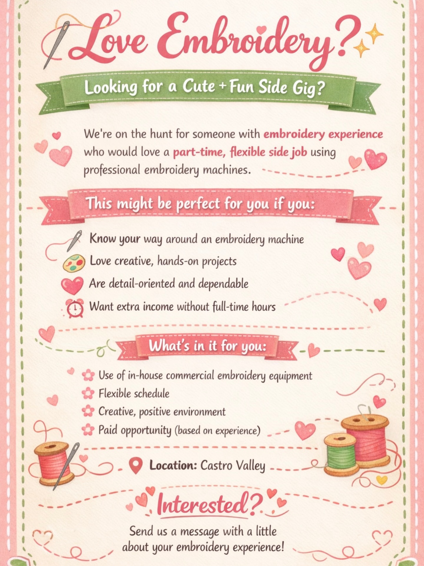 🧵✨ LOVE EMBROIDERY?
Looking for a Cute + Fun Side Gig?
We’re on the hunt for someone with embroidery experience who would love a part-time, flexible side job using professional embroidery machines.
This might be perfect for you if you:
🪡 Know your way around an embroidery machine
🎨 Love creative, hands-on projects
💖 Are detail-oriented and dependable
⏰ Want extra income without full-time hours
What’s in it for you:
🌸 Use of in-house commercial embroidery equipment
🌸 Flexible schedule
🌸 Creative, positive environment
🌸 Paid opportunity (based on experience)
📍 Location: Castro Valley
💌 Interested?
Send us a message with a little about your embroidery experience!
Or call 510-583-PAWS