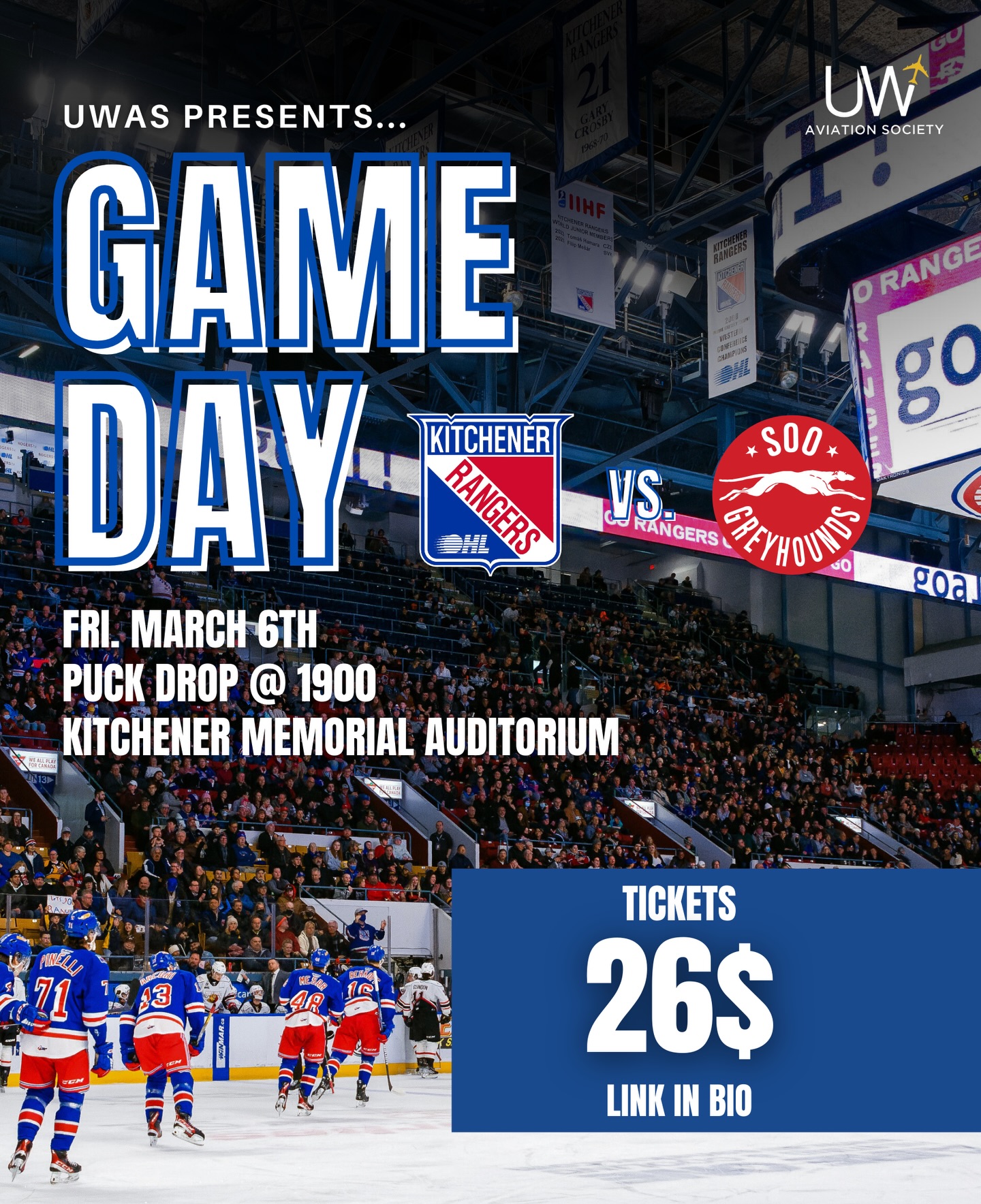 🚨TICKET SALES END THURSDAY🚨
Get your tickets for the Friday night matchup between the Sault Ste. Marie Greyhounds and your Kitchener Rangers - together with UWAS.
We’ll be seated together for an exciting night watching an OHL battle between two fantastic teams, all for just 26$.
While quantities last. Link in bio!