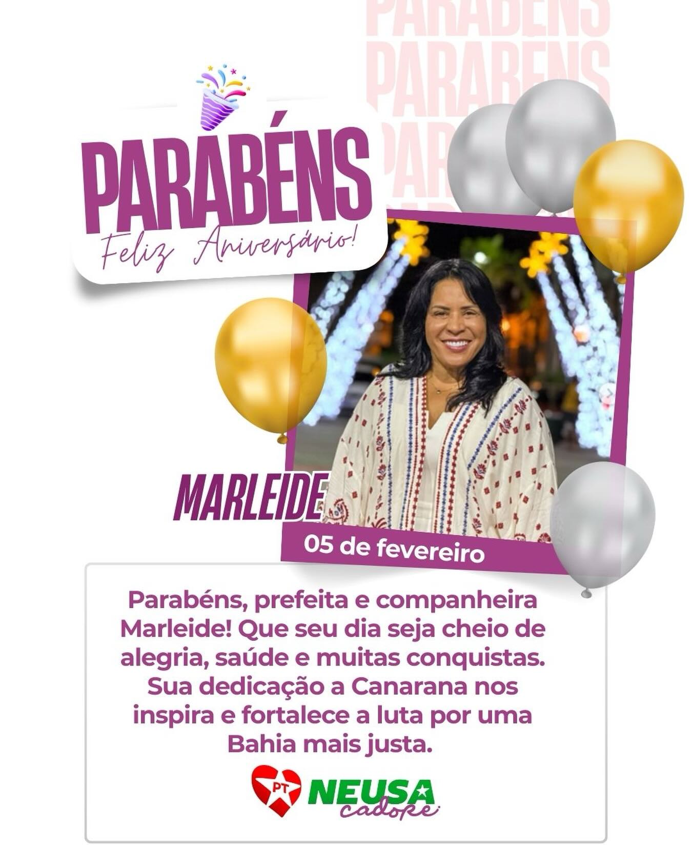 🎉 Parabéns, prefeita e companheira Marleide! 🎂🎈 Que seu dia seja cheio de alegria, saúde e muitas conquistas. Sua dedicação a Canarana nos inspira e fortalece a luta por uma Bahia mais justa. Seguimos juntas! 💪🏽❤️ #FelizAniversário #PrefeitaMarleide