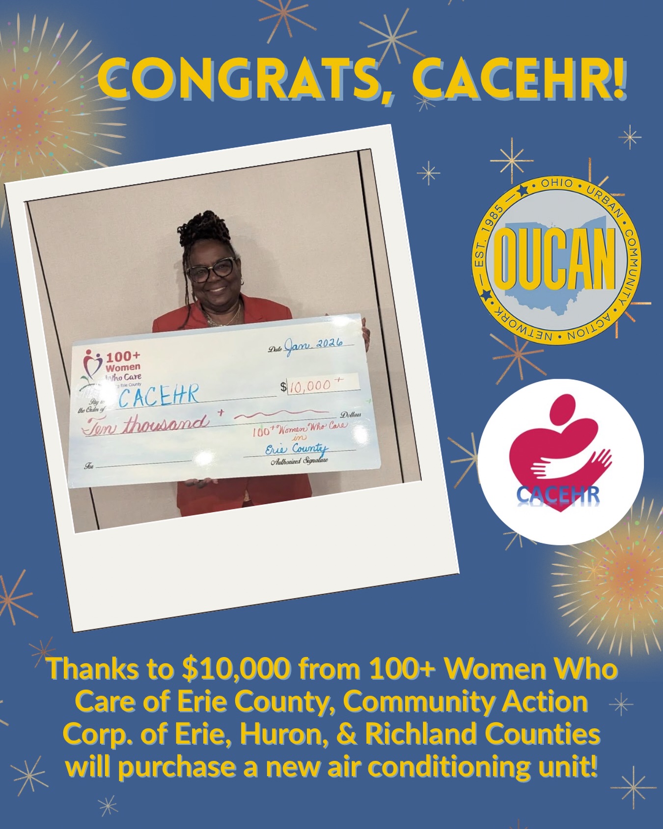 Shouting “Congratulations” to @cacehr on receiving a $10k gift from 100+ Women Who Care of Erie County! The funds will enable CACEHR to purchase a new air conditioning unit. CACEHR President & CEO Janice Warner accepted the symbolic check on behalf of the organization.