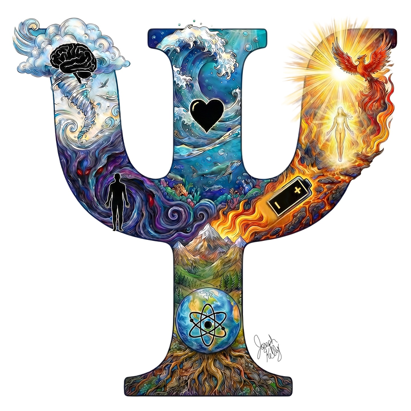 I having completed what amounts to the most personally meaningful and important illustration in the book and the entire multimedia NeuroMythology project. Naturally, I had to share this immediately. Contained within the Greek letter Psi, is the closest physical representation of the psyche, soul of an individual, that I believe I will ever be able to illustrate conceptually, considering the creative challenge to be that the soul is not merely a physical construct. It is mental, emotional, physical, energetic, unconscious, and conscious all in dynamic relation to one another, as is the nature if all reality, to be specifically precise.
I love this illustration so much in ways that words alone could only ever potentially partially express!