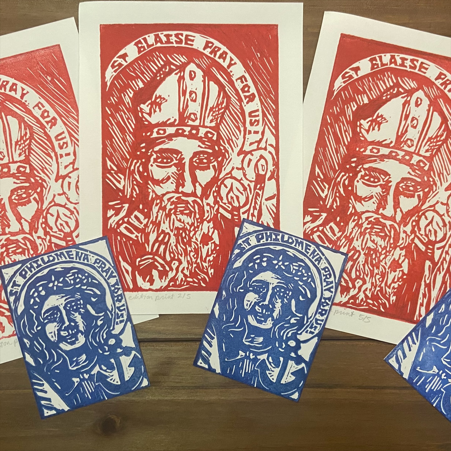 Printed the first side of the Saint Philomena Prints for the Snail Mail Club this morning! I think the Saint Philomena print looks pretty good with this month’s Saint Blaise print too! Spots still open for this month’s prints on my Patreon, link in bio to join :)
There were a few B grade prints made but the inking errors made them look pretty neat still (will be making at some point another “Saint Picks You” listing option on my Etsy for the smaller B grade prints I make so you can choose between the trading card size prints and the 5x6”/4x6” size prints).
Also, please enjoy the last photo of this post’s carousel of my printing press breaking while making these 🤦♀️ I’ve had screws unscrew on my sewing machine while sewing so just another machine malfunction to add to the list 🙃
#snailmail #art #foryoupage #linocut #catholic