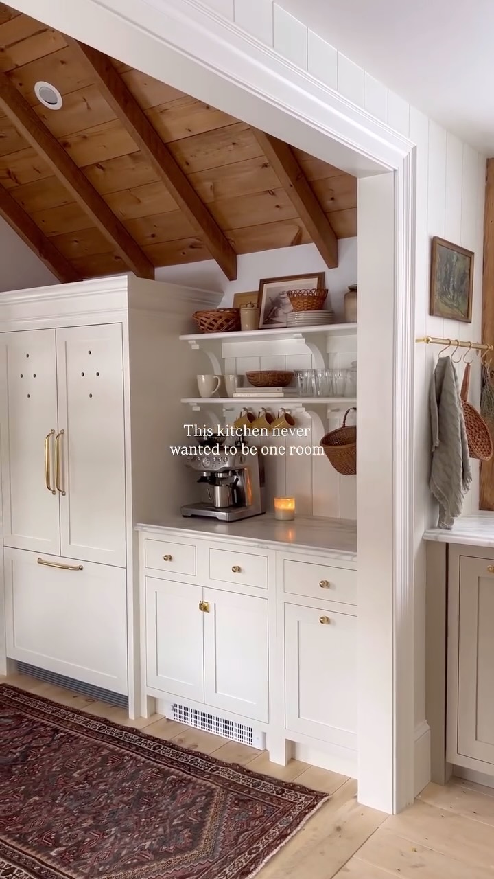 An unconventional, and honestly, a challenging kitchen floor plan is what gives this kitchen its uniqueness and character.
We’ve always had this step down into additional kitchen space that was totally useless before the renovation, it felt so cold and disconnected from the rest and we hardly used it at all.
We opened the low ceiling, added character grade wood planks and beams, and kept this room feeling unique but connected in a way that feels like belongs in this space.
English kitchen, small kitchen inspiration, kitchen designer, kitchen renovation, cottage kitchen