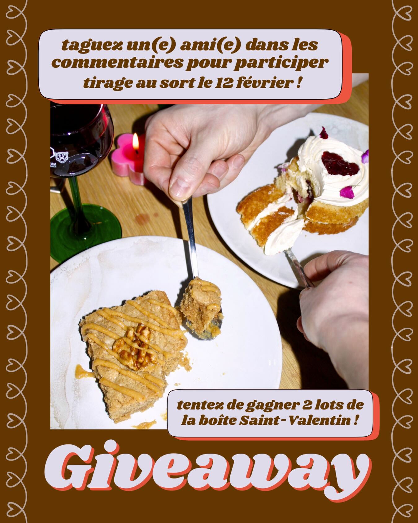 CONCOURS FLASH POUR LES LOVERS ❤️🔥
pour fêter le lancement de mes pâtisseries éphémères Saint-Valentin, il y aura deux boîtes PB&J à gagner (un blondie cacahuète 🥜 et un mini cake à la confiture 🎂dans chaque boîte) 🫶🤤
pour participer il faut…
❤️ Likez ce post
🤳Abonnez-vous à mon compte si vous ne l’êtes pas encore
✍️ Taguez en commentaire la personne avec qui vous voulez partager ces pâtisseries ce week-end🫶
vous avez jusqu’au 12 février pour tenter de gagner votre boîte 🥰 let’s go!
*le retrait du lot se fera à @laquillemulhouse le 13 février entre 15h et 19h ou le 14 février entre 14h et 18h, assurez-vous d’être disponible !