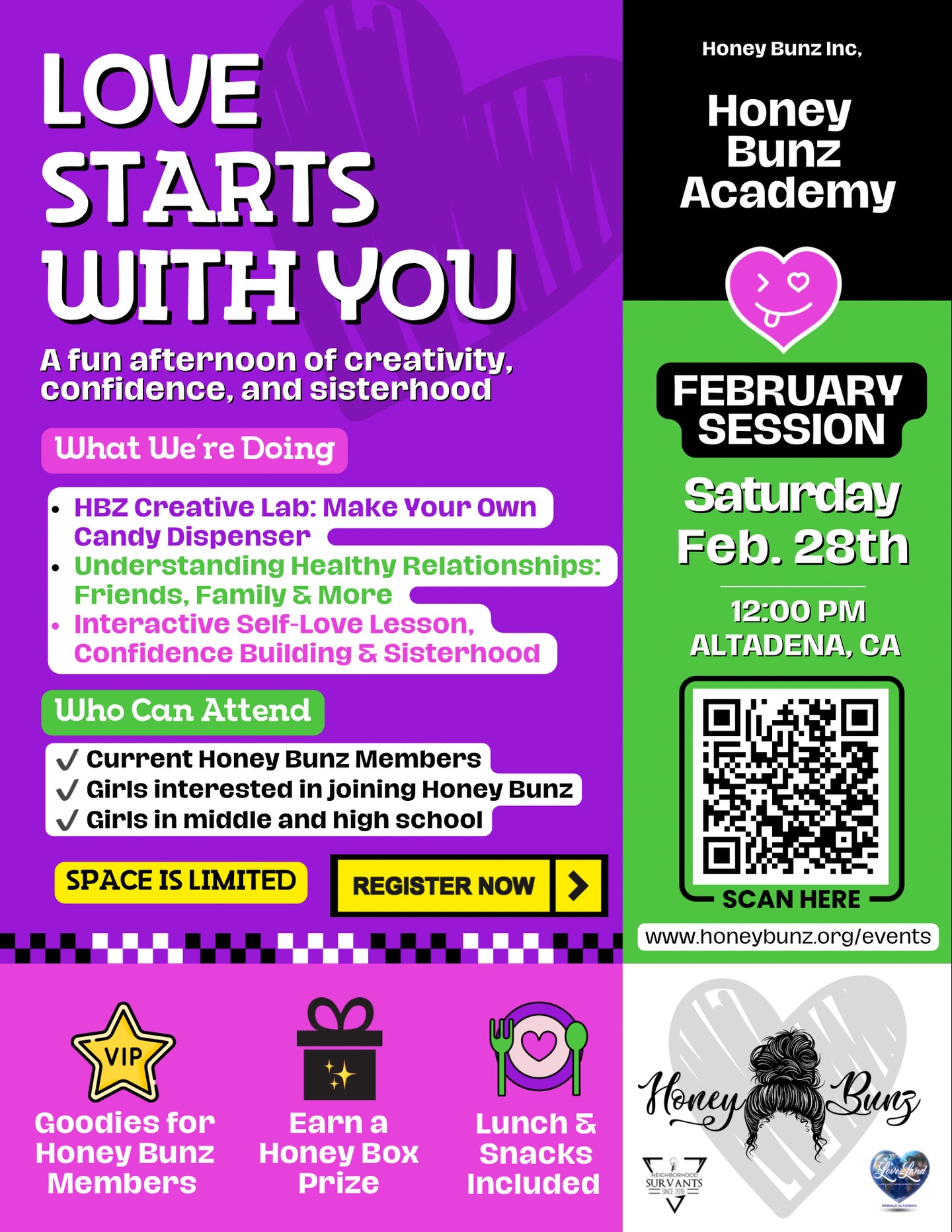 A fun afternoon of self-love, confidence, and healthy relationships—plus make your own candy dispenser 🍬
▪️Open to current members and girls interested in joining 👸🏽👸🏻👸🏾👸🏼👸🏿
▪️Lunch included 🥗🌯🍪🍓
▪️HBZ goodies + chances to earn a prize from the Honey Box 🎁🏆
Spots are limited. Link in our bio to register. 🤍✨ #FebruarySession
#HoneyBunzAcademy #FebruarySession #HBZ #DenaYouth LACountyYouth GirlsEmpowerment ConfidenceBuilding SelfLove DIY