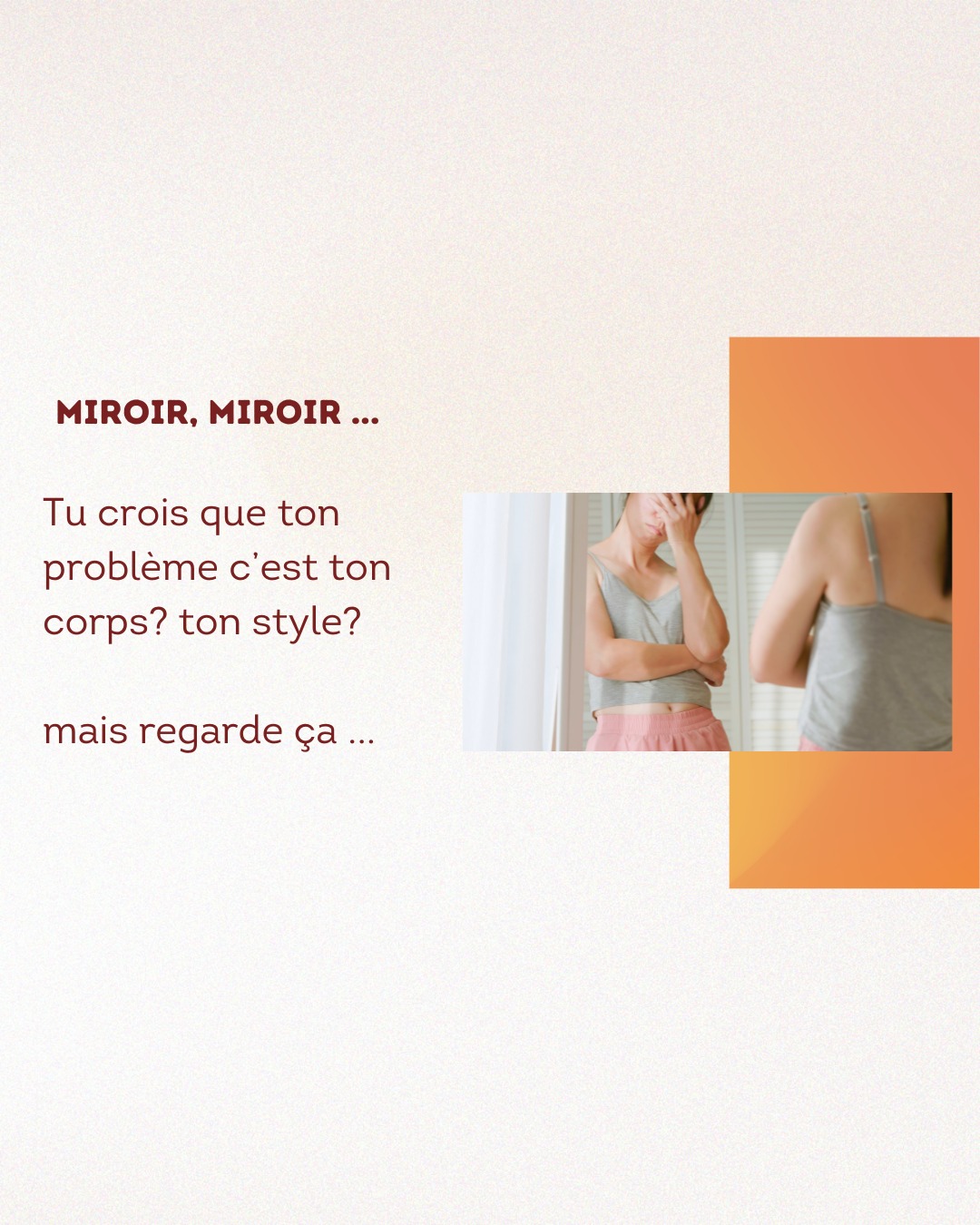 70% des français souffrent de complexes !
Pour les hommes : la calvitie en premier
Pour les femmes ?
Le ventre, le nez, les jambes... tout y passe!
On ne nous a pas appris à nous aimer
On se juge
on se critique
on se compare
Dis-moi si tu te reconnais
