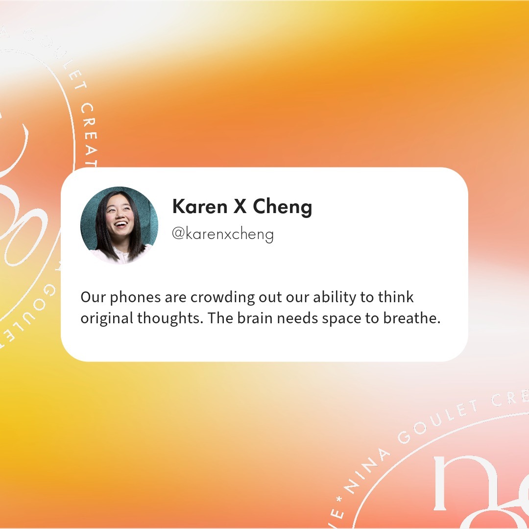 @karenxcheng was one of the keynote inspirational speakers at @adobe Max this year and gave a fantastic keynote on "The Artist vs The Algorithm". 🔥
"How did I get here? Let's rewind to 15 years ago, remember that feeling when you got your first smartphone? I remember thinking, this is great to! Waiting in line at the grocery store, scroll, waiting in line at the airport, scroll.
I'm never going to be bored again. But you ever experience boredom for a reason? When you're bored, your mind gets to wander. And I found, I have come up with some of my best ideas when I let myself be bored. That they have actually run science experiments where they force people to be bored, and then those people perform better at creative task afterwards than those who are not forced to be bored.
So boredom is the secret weapon to creativity, and yet, we are systematically eliminating boredom with our phones.
When I hear juicy news story, I run to the Internet comments to find out, what do the Internet, and say, and I did not even stop and ask myself, well what do I think?
My phone is crowding out my mind in a world where we are
constantly pumping ourselves full of content, our phones are crowding out our ability to think, to think original thoughts, the brain needs space to breathe!" -- Karen Cheng
P.S. Students get FREE Adobe CC access 👀
@adobeexpress @adobe @adobegencreate
#adobestudentrep #adobeambassador #adobemax #adobe #adobemax2023 #creativity #phones #originality #shabbat #rest #focus