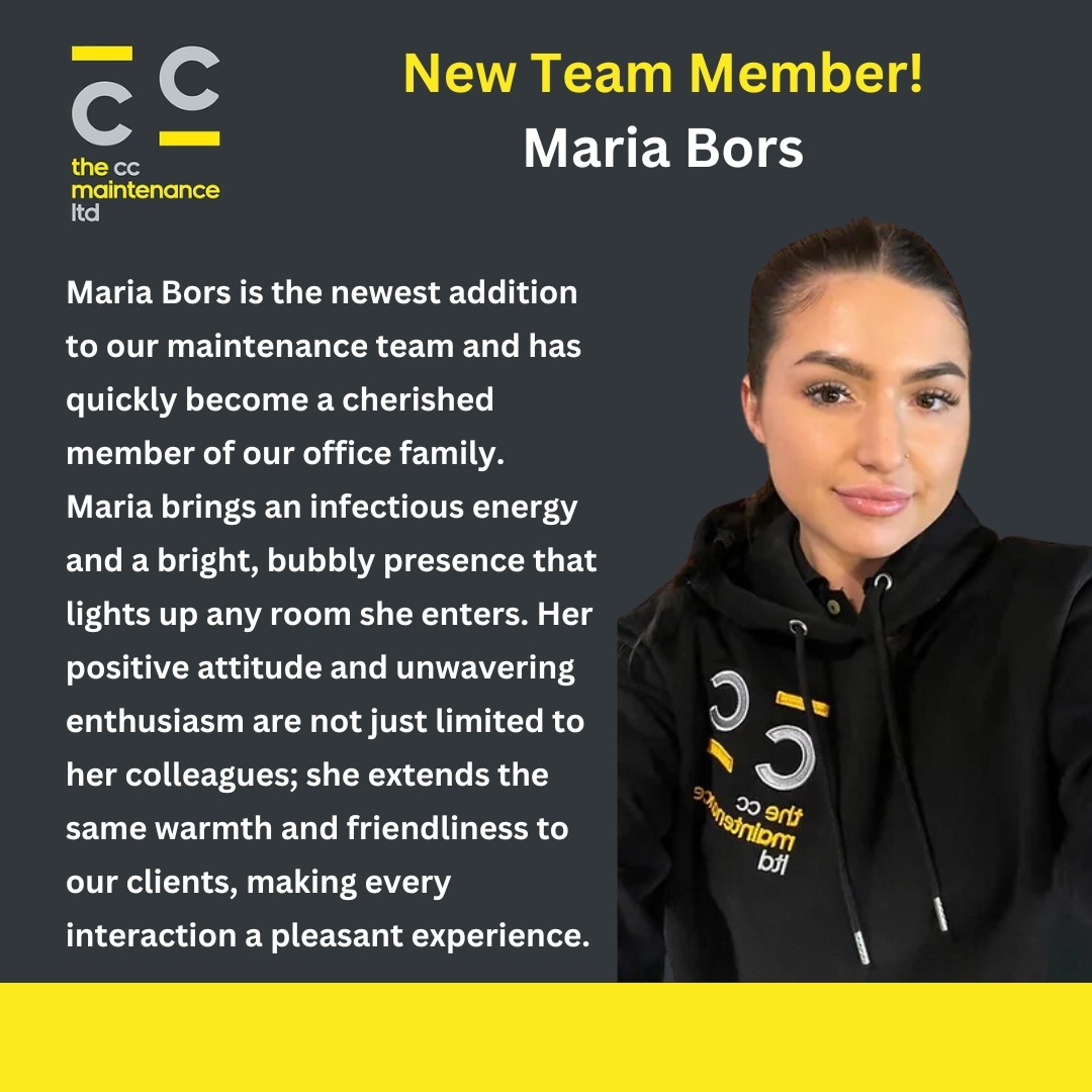 Welcome to the team, Maria!
We're excited to see the positive changes your presence will bring to The CC Maintenance family.
Our team is always ready to answer your call and get the job done.
Contact us today to get started!
020 8092 2060 | info@theccltd.co.uk
#TheCCMaintenance #MaintenanceLondon #BuildingMaintenance #MaintenanceExperts #London #Hertfordshire