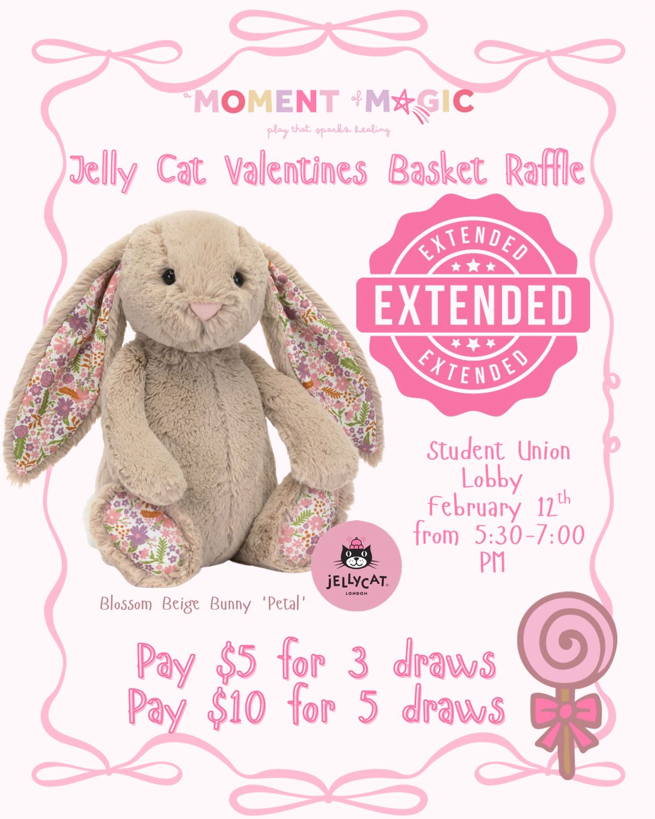 🎀 OUR JELLYCAT VALENTINE’S BASKET RAFFLE HAS BEEN EXTENDED! 🎀
There was no winner on Tuesday, which means your chances of winning just got even better! With fewer lollipops left in the box, your odds of picking the purple-stick winner have increased—you don’t want to miss it!
Come see us in the Student Union on February 12th from 5:30–7:30 PM to enter.
✨ New Bundle Deals ✨
• $5 for 3 draws
• $10 for 5 draws
Good luck, and we hope to see you there! 💜